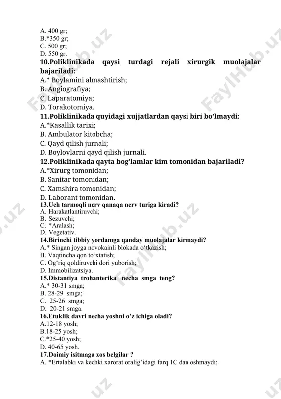 amga qanday muolajalar kirmaydi? a.* singan joyga novokainli blokada o‘tkazish; b. vaqtincha qon to‘xtatish; c. og‘riq qoldiruvchi dori yuborish; d. immobilizatsiya. 15.distantiya trohanterika necha smga teng? a.* 30-31 smga; b. 28-29 smga; c. 25-26 smga; d. 20-21 smga. 16.etuklik davri necha yoshni o’z ichiga oladi? a.12-18 yosh; b.18-25 yosh; c.*25-40 yosh; d. 40-65 yosh. 17.doimiy isitmaga xos belgilar ? a. *ertalabki va kechki xarorat oralig’idagi farq 1c dan oshmaydi; b. ertalabki va kechki xarorat oralig’idagi farq bo’lmaydi; c. ertalabki va kechki xarorat subfebril bo`ladi; d. ertalabki va kechki xarorat oralig’idagi farq 2c dan oshmaydi. 18.“statistika’ so’zining ma’nosi nima? a.*lotincha – status holat, ahvol; b. grekcha – status holat, ahvol; c. lotincha – status ma’lumot yig’ish; d. grekcha – status ma’lumot yig’ish. 19.ko’z konyuktivasi qanday suyuqliklar bilan yuviladi? a.*furatsilin, kaliy permanganat; b.albutsid, glyukoza; c.safrodeks, taufon; d.furatsillin, taufon. 20.teri kasalligini tekshirishda qanday o’zgarishlarga e’tibor beriladi? a.*teri rangiga, birlamchi va ikkilamchi elementlarga; b.teri …