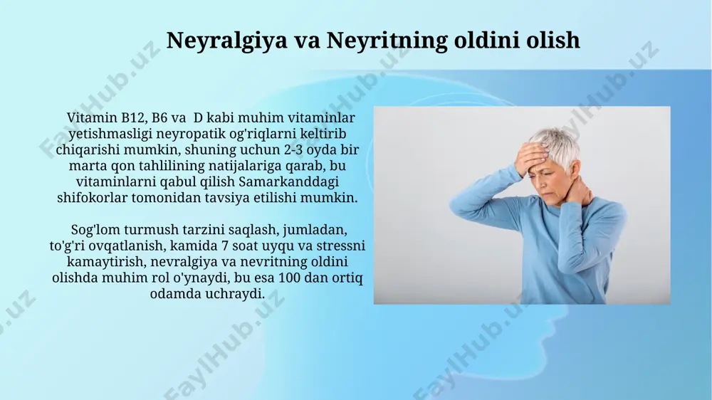 vralgiyasi, asosan, 50 yoshdan oshgan ayollarda uchraydi va yuzning bir tomonida, ko'pincha jag' suyagi bo'ylab kuchli og'riqlar bilan namoyon bo'ladi, bu esa ko'pincha amerika qo'shma shtatlarida diagnostika qilinadi. xulosa nevralgiyasi davolashda dorilar, masalan, karbamazepin va gabapentin kabi 3-4 xil antikonvulsantlar qo'llaniladi va bu davolanish usullari jahon sog'liqni saqlash tashkiloti tomonidan tavsiya etiladi. postherpetic neyralgiya postherpetic nevralgiya davolashda, og'riqni boshqarish uchun fizioterapiya va akupunktur kabi qo'shimcha usullar qo'llaniladi va bu usullar og'riqning intensivligini kamaytirishga yordam beradi. masalan, buyuk britaniyaning milliy sog'liqni saqlash xizmati (nhs) ushbu usullarni tavsiya qiladi. ushbu nevralgiya turi, herpes zoster virusi tufayli kelib chiqadi va odatda tananing bir tomonida, masalan, ko'krak qafasi yoki yuzda, kuchli, yonuvchi og'riqlar bilan namoyon bo'ladi, taxminan 10-20% herpes zoster kasalligi bilan og'rigan bemorlarda uchraydi. neyropatiya va neyrit nima? neyropatiyaning bir turi bo'lgan diabetik neyropatiya, dunyo bo'ylab 150 milliondan ortiq odamga ta'sir qiladi va bu o'tkir va surunkali og'riq, shuningdek, oyoq-qo'llarda yara paydo bo'lishi …