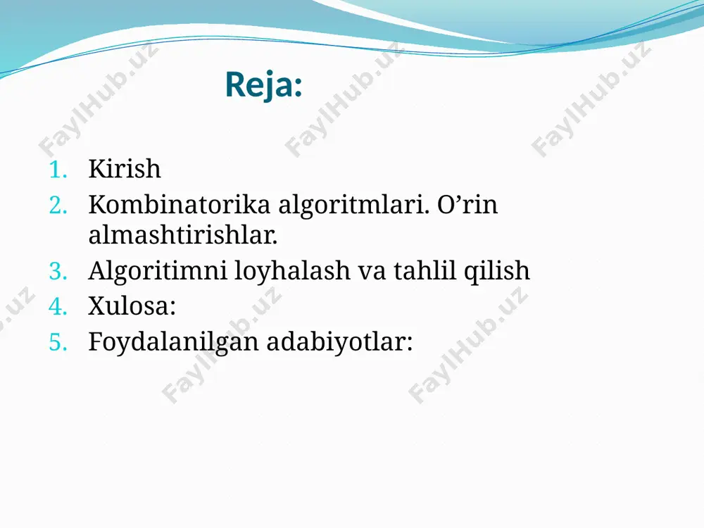 ’lgan ko’rsatmalar tizimi mavjud. 3-xossa. aniqlik, ya’ni ijrochiga berilayotgan ko’rsatmalar aniq mazmunda bo’lishi lozim hamda faqat algoritmda ko’rsatilgan tartibda bajarilishi shart. 4-xossa. ommaviylik, ya’ni har bir algoritm mazmuniga ko’ra bir turdagi masalalarning barchasi uchun yaroqli bo’lishi lozim. masalan, ikki oddiy kasr umumiy maxrajini topish algoritmi har qanday kasrlar umumiy maxrajini topish uchun ishlatiladi. 5-xossa. natijaviylik, ya’ni har bir algoritm chekli sondagi qadamlardan so’ng albatta natija berishi lozim. bu xossalar mohiyatini o’rganish va konkret algoritmlar uchun qarab chiqish talabalarning xossalar mazmunini bilib olishlariga yordam beradi. ii bob. kombinatorika algoritmlari. o’rin almashtirishlar. kombinatorika algoritmlari. kombinatorika - bu matematikaning birinchi navbatda natijalarni olishda vosita va maqsad sifatida hisoblash bilan bog'liq bo'lgan sohasi va cheklangan tuzilmalarning ma'lum xususiyatlari. u matematikaning boshqa ko'plab sohalari bilan chambarchas bog'liq va mantiqdan statistik fizikaga va evolyutsion biologiyadan kompyuter faniga qadar ko'plab ilovalarga ega. kombinatorikaning to'liq ko'lami hamma tomonidan qabul qilingan emas.[1] h.j.rayserning fikricha, mavzuga ta’rif berish qiyin, chunki …
