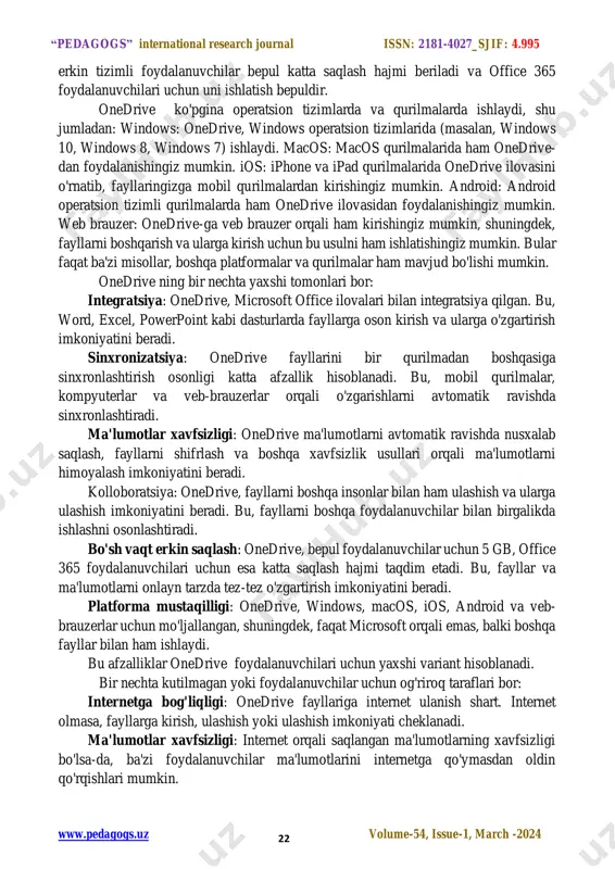 ngiz ham mumkin. 5. bulutli texnologiyalar saqlanadigan ma'lumotlar miqdorida cheklovlarga ega emas. aksariyat hollarda bunday xizmatlar hajmi millionlab gigabaytni tashkil qiladi. 6. dasturlar avtomatik ravishda yangilanadi, shuning uchun yuklab olingan dasturlarda bo'lgani kabi, bunga rioya qilishning hojati yo'q. 7. "bulut" dan har qanday operatsion tizimda foydalanish mumkin, chunki dasturlarga kirish veb-brauzerlar orqali amalga oshiriladi. 8. yangi bulutli texnologiyalar sizga har doim hujjatlarga kirish huquqini beradi, chunki asosiysi internetning mavjudligi. 9. yaxshi xavfsizlik va ma'lumotlarni yo'qotishdan himoya qilish, chunki yuborilgan ma'lumotlar avtomatik ravishda saqlanadi va nusxalari zaxira serverlarga tashlanadi. bulutli xizmatdagi noqulayliklar bu "bulut" va siz bilishingiz va e'tiborga olishingiz kerak bo'lgan bir qator kamchiliklarga ega: 1. internet mavjud bo'lmaganda kirish imkoni bo'lmaydi va agar u bo'lmasa, unda faqat kompyuterga yuklab olingan hujjatlar bilan ishlash mumkin bo'ladi. ta'kidlash joizki, internet tez va sifatli bo'lishi kerak. 2. o'rnatilgan dasturga qaraganda katta hajmdagi ma'lumotlarni uzatishda bulut xizmati asta-sekin ishlashi mumkin. 3. xavfsizlik kamdan-kam …
