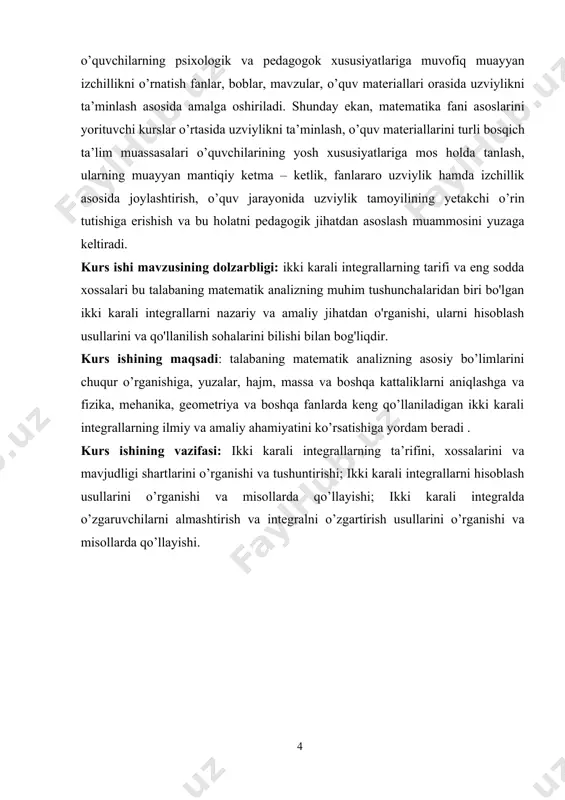 0  i0 k 0 i0 k 0 f  x, y  funksiya uchun darbuning quyi yig‘indisi,i ik i k ik ik n1  m1 m ik k  y x n1 m1  m x y n1 m1  m d  s i0  k 0  i0 k 0 i0 k 0 esa darbuning yuqori yig‘indisidir. demak,i ik i k ik ik n1 s  i i xi  s . (1) i0 shartga ko‘ra f  x, y  funksiya  d  da integrallanuvchi. u holda   0 da nmp s   f  x, ydd, s   f  x, ydd bo‘ladi. (1)munosabatdan esa, d n1 d i i xi i0 yig‘indining limitga ega bo‘lishi va bu limit ga teng bo‘lishi kelib chiqadi: n1  d f  x, ydd lim   i i xi   f  …