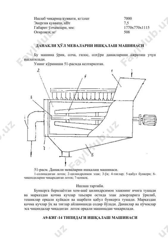 лакли цилиндр; 5-элакли барабан; 6-конус; 7-ўқ таянчи; 8-гидроредуктор; 9-ванна; 10-рама; 11-электродвигатель. техник тавсифи. ишлаб чиариш қуввати, т/соат 10 энергия қуввати, квт 10 габарит ўлчамлари, мм 4270х920х1272 оғирлиги, кг 2770 пнд - 5 маркали пресс бу пресс шарбатни сиқиб чиқаришда фойдаланилади (59-расм). 59-расм. пнд-5маркали узлуксиз ишлайдиган пресс. 1-рама; 2-электродвигатель; 3-маҳсулот кирадиган бункер; 4-ташқи ўқ; 5-биринчи шнек; 6-қовурғали цилиндр; 7-иккинчи шнек; 8-ички ўқ; 9-қовурғали цилиндр; 10-конуссимон тортқич (затвор); 11-чиқарувчи қувур. ишлаш тартиби маҳсулотни ташийдиган ва пресслайдиган перфорациялайдиган барабанга ўрнатилган иккита шнек пресснинг асосий ишчи органи ҳисобланади ва бир-бирига қарама-қарши ҳаракатланади. барабаннинг олдинги ички қисмига, ҳолати гидробошқаргич томонидан бошқариладиган конус қўйилган. конус ва барабан орасидаги оралиқ ўзгариб туради. барабаннинг остки қисмига шарбатни йиғиш учун ванна ўрнатилган. бу ванна тўсиқлар билан шарбатни икки ва уч фракцияга ажратадиган қилиб тўсилган. маҳсулот кирадиган бункер шарбатнинг ўзи оқиб чиқиши учун сетка билан жиҳозланган. янчилган маҳсулот бункерга келиб тушади ва бу ерда биринчи фракцияга ажралади, бу фракция бункер …