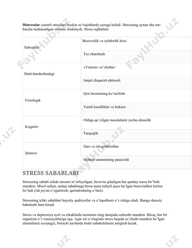 am kiradi stress va depressiya ayol va erkaklarda taxminan teng darajada uchrashi mumkin. biroq, har bir organizm o’z xususiyatlariga ega. agar siz o’zingizda stress haqida so’zlashi mumkin bo’lgan alomatlarni sezsangiz, birinchi navbatda holat sababchilarini aniqlash kerak. stressning oqibatlaridan ko’ra sabablarini bartaraf etish ancha osonroq. «barcha kasalliklar asabdan» degani yolg’on emas. klinik kuzatuvlar shuni ko’rsatdiki, kichik stresslar tanaga zararli emas, hatto foydali. ular odamni hozirgi ahvoldan chiqish yo’lini topish uchun rag’batlantiradilar. depressiya og’irroq, uzoq muddatli shaklga o’tmasligi uchun har birimiz o’zimizni tarbiyalashimiz, irodamizni rivojlantirishimiz kerak. ko’p odamlar stressga qarshi antidepressantlar, spirtli ichimliklar yordamida kurashishga odatlanishgan. biroq bunday yo’lni tanlash ularga o’rganib qolish va mutaxxasis yordamsiz ulardan voz kecha olmaslikka olib keladi. stressni davolash va oldini olish barchaga ma’lumki, yaxshi uyqudan ko’ra yaxshiroq dori yo’q. shunday ekan, siz qanday uxlashingiz haqida o’ylab ko’rishingiz kerak. quyida uyquni yaxshilashga yordam beradigan ba’zi tavsiyalar keltirilgan. · muntazam mashqlar normal uyqu uchun katta yordam beradi. ularni …