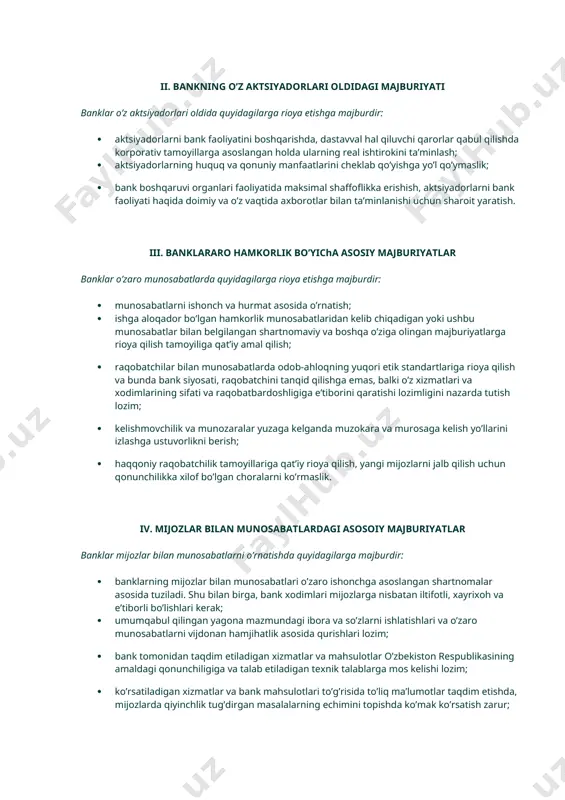 oqonuniy harakatlarga qarshi kurashishda faol ishtirok etish; · o’zaro hurmat, hamfikrlik va o’zaro yordam berish asosida xalqaro professional aloqalarni o’rnatish va rivojlantirish; · korporativ boshqaruv, shuningdek bank xizmatlarini ko’rsatishda halollik yuzasidan ichki va o’zaro nazoratni o’rnatish; · o’z ish faoliyatining sifati va natijalari bo’yicha javobgarlikning to’laqonliligi. ii. bankning o’z aktsiyadorlari oldidagi majburiyati banklar o’z aktsiyadorlari oldida quyidagilarga rioya etishga majburdir: · aktsiyadorlarni bank faoliyatini boshqarishda, dastavval hal qiluvchi qarorlar qabul qilishda korporativ tamoyillarga asoslangan holda ularning real ishtirokini ta’minlash; · aktsiyadorlarning huquq va qonuniy manfaatlarini cheklab qo’yishga yo’l qo’ymaslik; · bank boshqaruvi organlari faoliyatida maksimal shaffoflikka erishish, aktsiyadorlarni bank faoliyati haqida doimiy va o’z vaqtida axborotlar bilan ta’minlanishi uchun sharoit yaratish. iii. banklararo hamkorlik bo’yicha asosiy majburiyatlar banklar o’zaro munosabatlarda quyidagilarga rioya etishga majburdir: · munosabatlarni ishonch va hurmat asosida o’rnatish; · ishga aloqador bo’lgan hamkorlik munosabatlaridan kelib chiqadigan yoki ushbu munosabatlar bilan belgilangan shartnomaviy va boshqa o’ziga olingan majburiyatlarga …