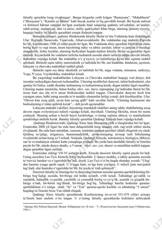 lar: baqtriya va so‘g‘diyona, marg‘iyona, xorazm, parkana, parfiya kabi o‘lkalarda xalq xo‘jaligining turli sohalarida rivojlanish ro‘y bergan. eramizdan oldingi ix-vi asrlarda paydo bo‘lgan ahmoniylar, eramizdan avvalgi iii asr o‘rtalarida tashkil topgan grek-baqtriya, eramizning i asrida tashkil topgan kushonlar, eramizning v asrida yuzaga kelgan eftalitlar, so‘ngra sosoniylar va, nihoyat, turk xoqonligi davlatlarida madaniyat yuksala bordi. eng qadimgi tarbiya haqidagi yodgorliklar bizgacha bevosita yetib kelmagan. turkiy va forsiyzabon xalqlarning hayot kechirish san’ati, donolik majmuasi sifatida yuzaga kelib, borliqqa amaliy munosabatda bo‘lishning namunasi tarzida e’tirof etilgan ma’naviy madaniyat yodgorliklari qadimgi grek tarixchisi gerodotning “tarix”, strabonning “geografiya” hamda mahmud koshg‘ariyning “devonu lug‘atit-turk” kabi asarlari, urxun-enasoy bitiklari kabi adabiy-tarixiy manbalarda saqlangan. ushbu yodgorliklar mohiyatini o‘rganish insonning shakllanishida moddiy va ma’naviy madaniyat qay darajada katta o‘rin tutganidan dalolat beradi. ayniqsa, turkiy xalqlarning yozma ma'rifiy yodgorliklari o‘ziga xos xususiyatga ega bo‘lib, pedagogika tarixi, xususan, yosh avlod tarbiyasida muhim ahamiyat kasb etadi. bular “urxun-enasoy yodgorliklari”, “irq bitigi” (“ta'birnoma”) …