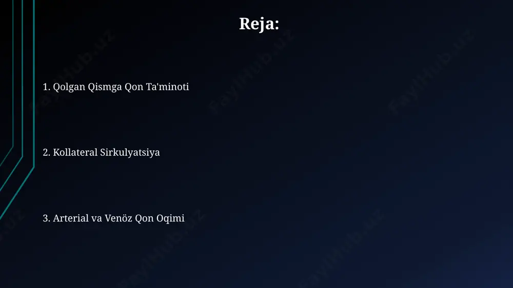 'minlashni ta'minlaydi. venoz qon ta'minoti qolgan qismga venoz qon ta'minoti asosan chuqur va sirtqi tomirlardan, ya'ni 2-3 ta asosiy vena va ularning shoxchalari orqali amalga oshiriladi, bu esa qonning yurakka qaytishini ta'minlaydi. venoz qon oqimi tezligini vena devorlarining elastikligi va klapanlarining ishlashi, shuningdek, atrof to'qimalarning bosimi va gravitiy ta'sir qiladi, taxminan 50% gacha farq qilishi mumkin. venoz qon ta'minoti buzilishi tromboz, varikoz kabi kasalliklarga olib kelishi mumkin, bu esa to'qimalarda kislorod yetishmovchiligiga va 30% gacha hujayra nekroziga sabab bo'ladi. qolgan qismga qon ta'minoti qolgan qismga qon ta'minotini ta'minlaydigan asosiy arteriyalar soni 3-4 ta bo'lib, ularning diametri 2-3 mm gacha yetadi va qon oqimining tezligini aniqlash uchun doppler tekshiruvidan foydalanish mumkin. qolgan qismning to'qimalariga kislorod yetkazib berish samaradorligi 85-95% ni tashkil etadi, bu esa qon tomirlarining holatiga va qolgan qismning hajmi va tuzilishiga bog'liq. ko'p hollarda, qolgan qismga qon ta'minotida kollateral qon aylanishi muhim rol o'ynaydi, bu esa 1-2 hafta davomida …