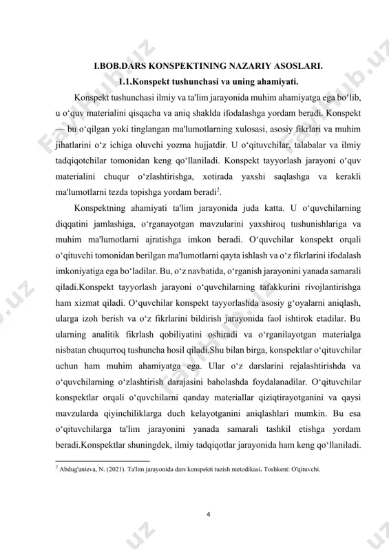 uvchilar o‘zlariga qulay bo‘lgan usulni tanlashlari mumkin. masalan, ba'zi o‘quvchilar ma'lumotlarni qisqa va aniq shaklda yozishni afzal ko‘rishadi, boshqalari esa diagrammalar va grafiklardan foydalanishni yoqtirishadi. har bir usul o‘zining afzalliklariga ega bo‘lib, o‘quvchilar o‘zlariga mos keladigan usulni tanlashlari muhimdir.konspektlar nafaqat ta'lim jarayonida, balki hayotning turli sohalarida ham qo‘llaniladi. masalan, ish joyida xodimlar o‘z ishlarini rejalashtirish va muhim ma'lumotlarni eslab qolish uchun konspektlardan foydalanishlari mumkin. bu ularning ish jarayonini samarali tashkil etishga yordam beradi va o‘z vazifalarini yanada muvaffaqiyatli bajarishga imkon beradi. konspekt tayyorlash jarayoni o‘quvchilarning ma'lumotni tahlil qilish va saralash qobiliyatlarini rivojlantirishga yordam beradi. o‘quvchilar o‘qituvchi tomonidan berilgan ma'lumotlarni qayta ko‘rib chiqish va o‘zlarining tushunchalarini ifodalash jarayonida faol ishtirok etadilar. bu, o‘z navbatida, ularning o‘rganish jarayonini yanada samarali qiladi. o‘quvchilar konspektlar orqali o‘z bilimlarini mustahkamlash imkoniyatiga ega bo‘ladilar. ular o‘zlarining tayyorlagan konspektlarini qayta ko‘rib chiqish va muhim ma'lumotlarni eslab qolish orqali bilimlarini yanada kuchaytiradilar. bu esa o‘z navbatida, testlar va …