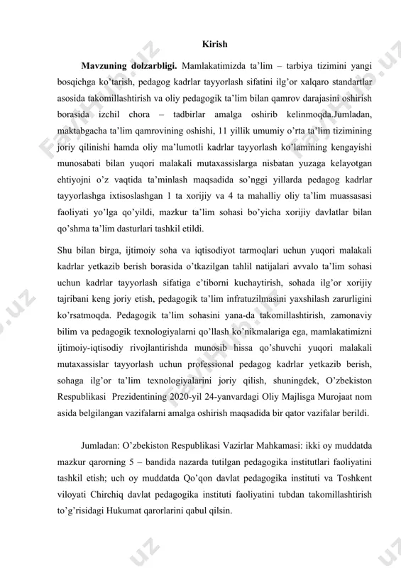 agistratura mutaxassisliklarida o’quv jarayonini ta’limning kredit-modul tizimi asosida yo’lga qo’yilishi hamda o’quv dasturlari o’zaro yaqin bo’lgan bakalavriat ta’lim yo’nalishlari bo’yicha asosiy va qo’shimcha mutaxassislik (kvalifikatsiya) berish tizimi joriy etilishini ta’minlasin, mazkur qarorda belgilangan vazifalarni amalga oshirishda mas’ul vazirlik va idoralarga uslubiy va amaliy yordam ko’rsatsin; andijon viloyati hokimi sh.q.abdurahmonov, buxoro viloyati hokimi o’.i.barnoyev, qashqadaryo viloyati hokimi z.t.mirzayev, samarqand viloyati hokimi e.o.turdimov, surxondaryo viloyati hokimi t.a.bobolov – hududlarda tashkil etilayotgan pedagogika institutlari faoliyatini to’laqonli yo’lga qo’yishda har tomonlama ko’maklashsinlar; mas’ul vazirlik va idoralar rahbarlari – mazkur qarorda nazarda tutilgan tadbirlarni o’z vaqtida, sifatli va to’liq bajarish yuzasidan zarur choralar ko’rsinlar; o’zbekiston milliy axborot agentligi bosh direktori a.k.ko’chimov, o’zbekiston milliy teleradiokompaniyasi raisi v.b. a.d.xadjayev – ushbu qarorning mazmun-mohiyati va amaliy ahamiyatini yoritishga oid maqolalar, brifinglar, press-konferensiyalar, tematik teleko’rsatuvlar tashkil etsinlar. mazkur qarorning ijrosini nazorat qilish o’zbekiston respublikasining bosh vaziri a.n.aripov va o’zbekiston respublikasi prezidentining maslahatchisi a.a.abduvaxitov zimmasiga yuklansin. o’zbekiston respublikasi prezidenti sh.mirziyoye …