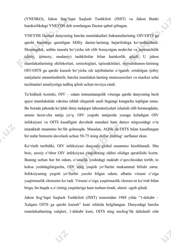 yo‘llarini mukammal bilishi zarur. infeksiyaning yuqish yo‘llarini yaxshi bilgan odam, albatta virusni o‘ziga yuqtirmaslik chorasini ko‘radi. virusni o‘ziga yuqtirmaslik chorasi-ni ko‘rish bilan birga, bu haqda u o‘zining yaqinlariga ham tushun-tiradi, ularni ogoh qiladi. jahon sog‘liqni saqlash tashkiloti (jsst) tomonidan 1988 yilda “1-dekabr – xalqaro oits ga qarshi kurash” kuni sifatida belgilangan. dunyodagi barcha mamlakatlarning xalqlari, 1-dekabr kuni, oits ning nechog‘lik dahshatli ofat ekanini yana bir bor yodga olishadi, unga qarshi kurash chora-tadbirlarini yanada kuchaytirishga ahd qilishadi. birlashgan millatlar tashkilotining (bmt) sobiq bosh kotibi kofi annan “biz hamma odamlarga tushuntirishimiz lozimki, oits muammosi faqatgina qandaydir alohida mamlakat xalqiga taalluqli bo‘lib qolmay, dunyo hamjamiyatiga, sivilizatsiyaga xavf solmoqda” deb ta’kidlagandi. oiv ning aniqlanishi, biologik, parazitlik, patogenetik xususiyatlari uning sog‘ odamga yuqishi tufayli, oiv infeksiyasi va oits – orttirilgan immunitet tanqislik sindromi, deb nomlangan og‘ir kasallik vujudga keladi. mazkur virusni dunyoda birinchi bo‘lib, ikki guruh olimlar, bir-birilari bilan bog‘lanmagan holda, fransiyada paster nomidagi parij …
