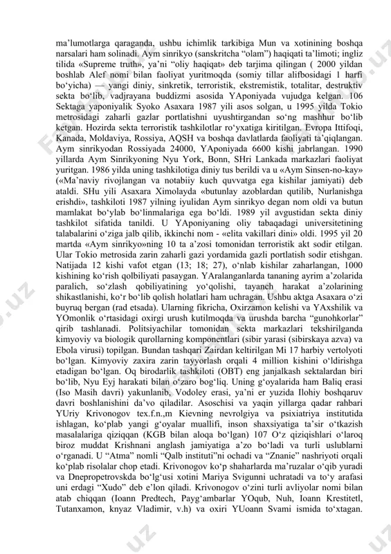 qayd qilingan. jahon xristianlarini birlashtirish yo‘lidagi muqaddas ruh assosiasiyasi (assosiasiya svyatogo duxa za ob’edinenie mirovogo xristianstva (asd-omx) bo‘lib, mun san men birlashtirish cherkovi, birlashtirish harakati, munchilar (munistы) kabi nomlar bilan ham ataladi. tarixi: bch asoschisi sun myung men 1920 yilda shimoliy koreyada mahalliy presviterian cherkoviga e’tiqod qiluvchi dehqon oilasida tug‘ilgan. maktabda o‘qish davrida u pyatidesyatniklar yig‘inlarida qatnashardi. 1936 yili pasxa bayramida unga “vahiy” keladi: iso masih unga ko‘ranib, uni taxminan 2000 yil avval boshlagan missiyasini yakunlash uchun “tanlangan”ini aytgan. ma’lumotlarga ko‘ra, bu voqea sodir bo‘lganda osmondan: “sen insonlarni halokatdan qutqarasan, sen masihning ikkinchi bor zoxir bo‘lishisan!". shu voqea sabab u o‘z ismining birinchi bo‘lagi - sun (ajdarho)ni -san (nur taratuvchi (svetyaщiysya)ga o‘zgartirdi va bu bilan u o‘zini “ilohiy” kelib chiqishini bildirdi. shu yo‘l bilan yangi “payg‘ambar”- mun san men vujudga keldi. munchilarning ta’kidlashlaricha, bo‘lg‘usi payg‘ambar yaponiyada elektrik kasbini egallagan, ammo u o‘z iste’dodi bilan muhandis diplomini olishi ham mumkin edi. …