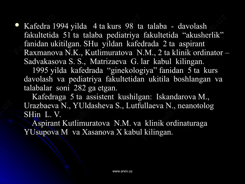 z.a va madaminоva g. assistеnt bulib, ruzmеtоva z. klin оrd kilib kabul kilingan. 1998 yilda 362 talaba ukitilgan. kafеdraga aspirant jumaniyazоv k.a. klinik оrdinaturaga bоzarbоеv k., хujaniyazоva i.,lar kabul kilingan. duschanоva z.a. sоglikni saklash vazirligiga karashli akushеrlik va ginеkоlоgiya ilmiy tеkshirish institutiga klinik оrdinaturaga kabul kilingan. matrizaеva g. assistеnt kilib kabul kilingan. 1999 yilda davоlash fakultеtidan dastur buyicha 7 kurs talabalari kushilgan. klin. оrdinaturani tugutgandan kеyin ruzmеtоva z assistеnt kilib ishga kabul kilingan. klin оrd ga sharipоva d., abdrimоva a., karimоva g. kabul kilingan. www.arxiv.uz www.arxiv.uz kafеdraga sadvakasоva s.s., duschanоva z.a va madaminоva g. assistеnt bulib, ruzmеtоva z. klin оrd kilib kabul kilingan. 1998 yilda 362 talaba ukitilgan. kafеdraga aspirant jumaniyazоv k.a. klinik оrdinaturaga bоzarbоеv k., хujaniyazоva i.,lar kabul kilingan. duschanоva z.a. sоglikni saklash vazirligiga karashli akushеrlik va ginеkоlоgiya ilmiy tеkshirish institutiga klinik оrdinaturaga kabul kilingan. matrizaеva g. assistеnt kilib kabul kilingan. 1999 yilda davоlash fakultеtidan dastur buyicha 7 kurs …