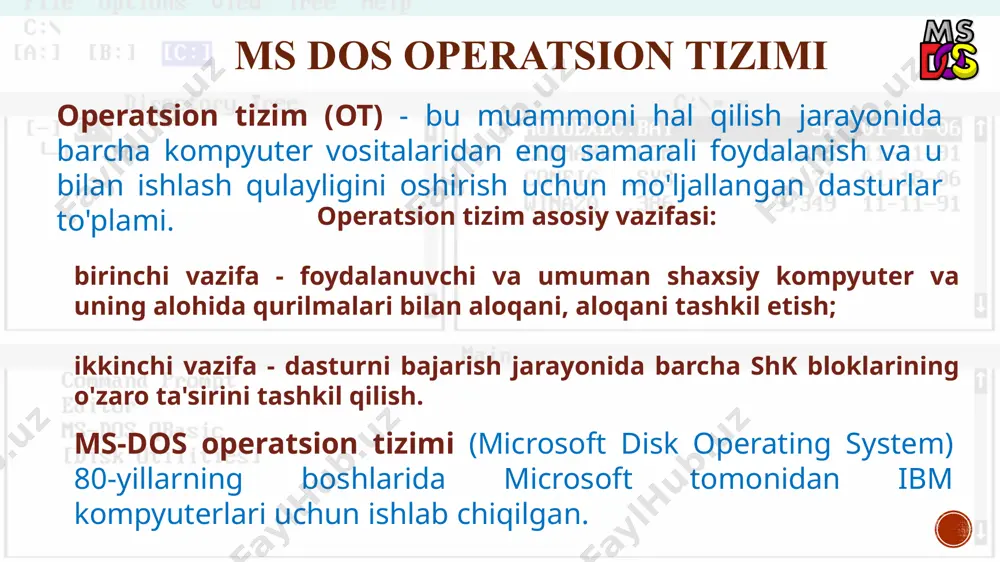 ovchi disketadagi maxsus joy. kataloglarga fayllar kabi nom beriladi. odatda, katalog nomida kengaytgich bo`lmaydi. bir katalog boshqa bir katalogda qayd qilinishi mumkin. agar x katalog y katalogida qayd qilingan bo’lsa, u holda x - ichki katalog (podkatalog) deyiladi, y esa - tashqi katalog hisoblanadi . har bir magnitli disketada bosh yoki tub katalog bo’ladi, unda fayllar va 1- bosqichdagi ichki kataloglar qayd etiladi. 1-bosqichdagi ichki kataloglarda fayllar va 2-bosqich kataloglari qayd etiladi va xokazo. natijada magnitli disketada kataloglar va fayllarning daraxtsimon tuzilishi hosil bo’ladi. fayllar va kataloglar. foydalanuvchi shu dakikada ishlab turgan disk joriy disk deyiladi. masalan, foydalanuvchi vinchester bilan ishlab turgan bo’lsa, kattik magnitli disk c: joriy hisoblanadi. foydalanuvchi kichik egiluvchan magnitli disketa bilan ishlab turgan bo’lsa, shu kichik magnitli disketa a: yoki b: joriy disketa hisoblanadi. ms dos operatsion tizimi foydalanuvchi surayotgan fayllarni joriy disketadan kidiradi. joriy diskni o’zgartirish uchun ms dos ning maxsus komandalaridan foydalaniladi. foydalanuvchi ishlayotgan …
