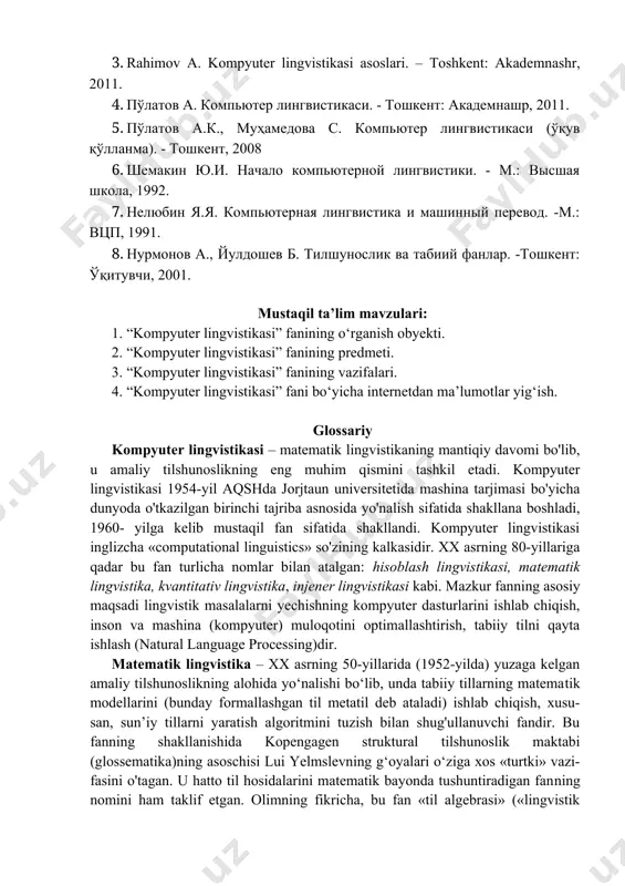 ritmlar tuzish, dasturlar yaratish, kompyuter analizi va sintezi kabilar) o‘z ichiga oladi. o‘zbek tili materiallari bo‘yicha kompyuter lingvistikasiga oid tadqiqot olib borgan olimlar sifatida h.arziqulov, s.rizayev, s.muhamedov, a.po‘latov, s.muhamedova, n.jo‘rayevalarni ko‘rsatish mumkin. olimlar asosan statistik tahlil, algoritmlash, o‘zbek tilining aksiomatik nazariyasi, fe'llarning kompyuter analizi va sintezi kabi yo‘nalishlar bo'yicha izlanishlar-ni amalga oshirganlar. o‘zbek tilshunosligidagi kompyuter lingvistikasining boshqa yo'nalishlari esa o‘z tadqiqotchilarini kutmoqda. shunga ko‘ra, bugungi kunda o‘zbek tilshunosligining kompyuter bilan bog‘liq holda hal etilishi lozim bo‘lgan quyidagi vazifalarni ta'kidlab ko‘rsatish mumkin: · o‘zbek tilining kompyuter uslubini yaratish. · axborot matnlaridagi qoliplilik, qisqalik standartlarini ishlab chiqish. · kompyuter izohli va tarjima lug‘atlarini yaratish. · o‘zbek tili va adabiyoti darsliklarining elektron versiyalarini ishlab chiqish. · kompyuterda inglizcha-o'zbekcha tarjima dasturlarini ishlab chiqish. · kompyuterdagi matnlarni avtomatik tahrirlash dasturlarini yaratish. · o‘zbek tili grammatikasining kompyuter modelini yaratish. · «inglizcha-o'zbekcha tarjimon» kompyuter dasturini ishlab chiqish. · o‘zbek tilidagi matnlarni tahrirlash dasturlarini yaratish. · o‘zbek tilidagi …