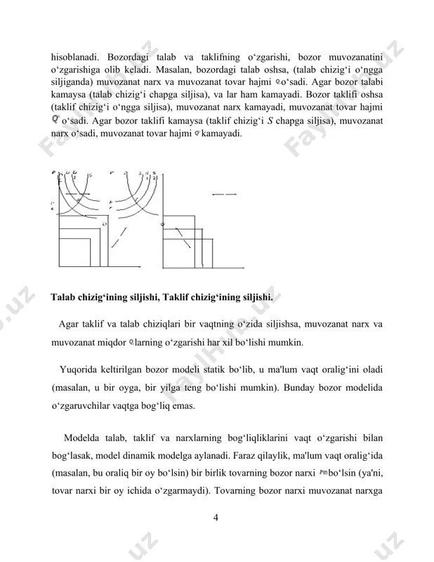 uch xil variantga olib kelishi mumkin: 1. vaqt o‘tishi bilan bozor narxi ning muvozanat narxdan chetlanishi kamayib boradi; 2. bozor narxi muvozanat narxdan uzoqlashib boradi; 3. bozor narxi muvozanat narx atrofida tebranib turadi va bozor muvozanatiga hech vaqt erishilmaydi. agar taklif chizig‘i s talab chizig‘iga nisabat tikroq bo‘lsa, birinchi hol yuz beradi. agar taklif chizig‘ining yotiqligi talab chizig‘ining yotiqligiga nisbatan tikroq bo‘lsa, birinchi hol amalga oshadi uchinchi holatda talab va taklif chiziqlari yotiqligi bir xil bo‘ladi: bo‘lgan hol. agar taklif chizig‘i s talab chizig‘i d ga nisbatan yotiqroq bo‘lsa, ikkinchi variant yuz beradi va uchinchi variantda taklif va talab chiziqlari yotiqligi bir xil bo‘ladi: bo‘lgan hol. to‘g‘ri chiziqli talab va taklif funksiyalari: uchun bo‘ladi, ya'ni muvozanat narxga bozor narxi yaqinlashadi agar quyidagi shart bajarilsa, ya'ni bo‘lsa. da bozorning dinamik modelida narxlar trayektoriyasi o‘rgimchak uyasi to‘riga o‘xshagani uchun ham bu model to‘rsimon model deb nom olgan. to‘rsimon model sifatida birja bozorini …