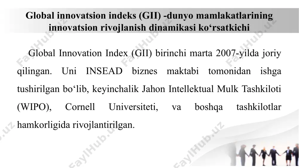 sh ko‘rsatkichlari (innovation input sub-index) 1.4. bozor murakkabligi (market sophistication) kredit olish imkoniyatlari (bank tizimi, venchur kapital) investitsiya muhiti (fond bozori rivoji, xalqaro investitsiyalar) savdo va raqobat (eksport-import, bozor hajmi) 1. innovatsion kirish ko‘rsatkichlari (innovation input sub-index) 1.5. biznes murakkabligi (business sophistication) ishbilarmonlik muhiti (firma darajasida tadqiqotlar) innovatsion tarmoqlar (texnologik hamkorlik, patentlar) ishchi kuchi sifatli mehnat resurslari 2. innovatsion natija ko‘rsatkichlari (innovation output sub-index) bu bo‘lim mamlakatning innovatsiyaga asoslangan natijalarini o‘lchaydi. u 2 asosiy ustundan iborat: 2.1. bilim va texnologiya natijalari (knowledge & technology outputs) ilmiy tadqiqotlar sifati (nashrlar soni, iqtiboslar) patentlar va intellektual mulk huquqlari yuqori texnologiyali eksport (elektronika, farmatsevtika) ishlab chiqarish samaradorligi innovatsion natija ko‘rsatkichlari (innovation output sub-index) 2.2. ijodiy natijalar (creative outputs) brendlar va dizayn innovatsiyalari madaniy va ijodiy mahsulotlar (film, musiqa, san’at) internet kontent va raqamli xizmatlar yangi mahsulotlar va startaplar gii reytingi mamlakatlarning innovatsiyaga sarmoya kiritish qobiliyati va natijalarini baholaydi. yuqori reytingga ega davlatlar odatda …