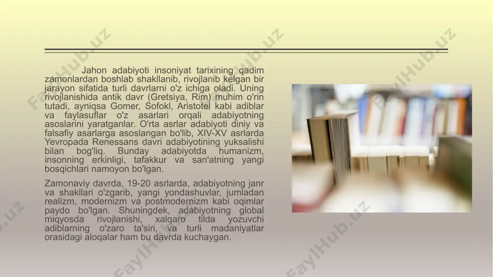 tirish va ijtimoiy o'zgarishlarni amalga oshirishdagi rolida namoyon bo'ladi. uning yordamida jamiyatning muammolari va ba'zi qiyinchiliklarga e'tibor qaratiladi, shuningdek, adabiyot san'at va madaniyat orqali odamlarni birlashtiradi va ularga ruhiy hamda axloqiy ozuqa beradi. madaniy jihatdan, adabiyot bir xalqning milliy va madaniy merosini, an'analari va qadriyatlarini saqlashda va rivojlantirishda muhim ahamiyatga ega. u har bir madaniyatni, uning o'ziga xosligini va tarixiy yo'lini yoritadi. 4 william shakespeare (1564–1616) - ingliz dramaturgiyasi va shoirlikning eng buyuk vakillaridan biri hisoblanadi. uning asarlari, ayniqsa "hamlet," "romeo va juletta," "macbeth" va "otello" kabi tragediyalar va komediyalar inson ruhiyatining eng chuqur qatlamlarini ochib beradi. shekspirning asarlari haqida gapirganda, unda insoniylikning asosiy muammolari, masalan, muhabbat, xiyonat, adolat, va o'lim kabi mavzular keng yoritiladi. uning asarlari hali ham ko'plab sahnalarda namoyish etilib, dunyo adabiyotining eng yuksak namunalaridan sanaladi. chingiz aytmatov: hozirgi dunyoda adabiyot murakkab sharoitga tushib qolgan. fav­qulodda u keraksiz buyumga aylangandek, zero, qiziqishlar ham, his-hayajonlar ham oldingiday emas, …