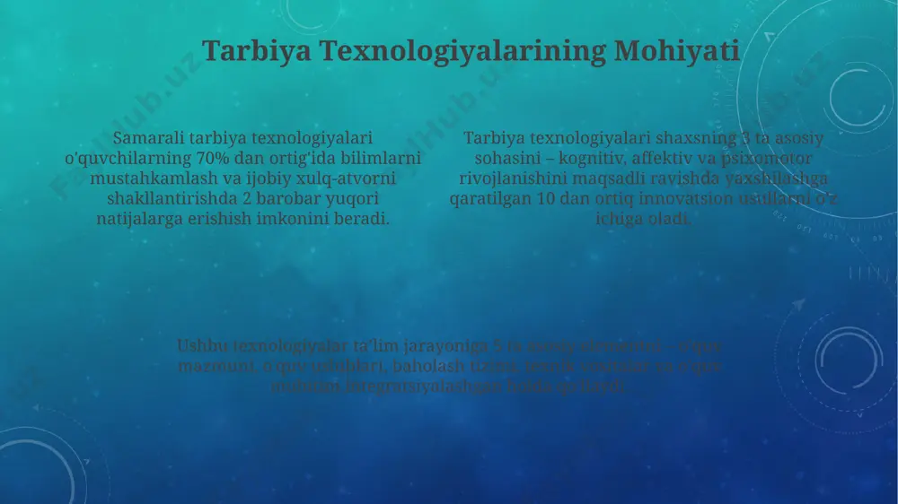 hirib, kontsentratsiya muddatini 20% ga uzaytiradi. zamonaviy texnologiyalar va tarbiya interfaol o'yinlar va simulyatsiyalar kabi tarbiyaviy texnologiyalar yordamida 70% gacha o'quvchilarning faol ishtiroki va motivatsiyasi ta'minlanishi mumkin. zamonaviy texnologiyalar, masalan, onlayn o'quv platformalari va ta'lim dasturlari, 15-25% gacha o'quv jarayonini tezlashtirib, o'quvchilarning bilim olish samaradorligini oshirishi mumkin. big data tahlili orqali olingan ma'lumotlar asosida shaxsiylashtirilgan ta'lim dasturlarini yaratish, o'quvchilarning muvaffaqiyat darajasini 30% ga ko'tarishi mumkin. shaxsiylashtirilgan yondashuv shaxsiylashtirilgan yondashuv, o'quvchilarning 3 ta asosiy o'rganish uslubini (vizual, audio, kinestetik) hisobga olgan holda, 5 dan ortiq ta'lim resurslarini samarali qo'llashni ta'minlaydi. individual o'quv rejalari yaratish orqali, o'quv jarayoniga 20% ko'proq o'quvchilarni jalb qilish va ularning 80% ga yaqinini bilim olishga rag'batlantirish mumkin. shaxsiylashtirilgan yondashuv, o'quvchilarning o'ziga xos xususiyatlarini aniqlash va ularga moslashtirilgan 7 turdagi tarbiya texnologiyalaridan foydalanishni o'z ichiga oladi. e'tiboringiz uchun rahmat @taqdimot_robot image3.png