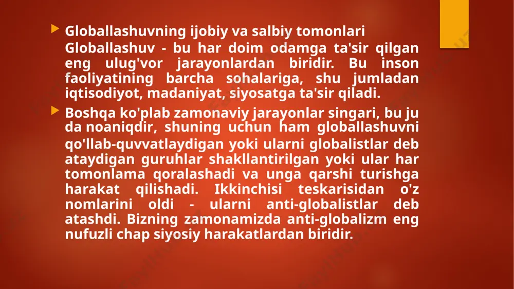 an harakat qila boshladi. qizig'i shundaki, globallashuvning noyob ijobiy tomonlari, avvalambor, inson hayotining madaniy tomonlari bilan bog'liq.madaniy globallashuv - bu diniy va milliy chegaralarni yo'q qilishga intiladigan jarayon. o'zining asosiy maqsadiga ko'ra, u butun insoniyatni yagona global tsivilizatsiya ichiga birlashtirishni maqsad qilgan. shuningdek, milliy va diniy tafovutlarga yo'l qo'ymaydigan progressiv davlatlar o'rtasidagi munosabatlarni o'rnatadigan madaniy globallashuv. buni yaqin sharqda yaqqol ko'rish mumkin. qatar, saudiya arabistoni, birlashgan arab amirliklari kabi davlatlar an'anaviy islomiy qadriyatlarni amalda davom ettirayotgan qo'shnilariga qaraganda muvaffaqiyatli va gullab-yashnagan. chegaralar ochilishi tufayli amalga oshirilgan migratsiya madaniy almashinuvga imkon beradi va bu o'z navbatida insoniyatning umumiy birlashishiga yordam beradi. globallashuvning madaniy tomoni bizga hozirgi dunyo uchun ham ajralmas omil bo'lib xizmat qiladi ommaviy axborot vositalaribu odamga dunyodagi voqealarni kuzatishga imkon beradi. shuningdek, ushbu jarayonning mahsuloti - bu bizning zamonamiz madaniyatiga eng yaxshi ta'sir ko'rsatadigan ta'limning mavjudligi. e’tiboringiz uchun rahmat image2.png image3.png image4.png image5.png /docprops/thumbnail.jpeg