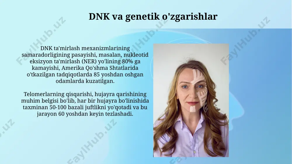 kin, ayniqsa qo'l va oyoqlarda. miyaning hajmi 60 yoshdan keyin yiliga 0,5% ga kamayadi, bu esa xotira va kognitiv funktsiyalarni pasayishiga olib keladi, ayniqsa, g'arbiy evropa mamlakatlarida bu jarayon tezroq kuzatiladi. buyrak va siydik chiqarish tizimining qarishi buyrak glomerulalarining soni 70 yoshga kelib taxminan 30-40% ga kamayadi, bu esa buyrak filtratsiyasi tezligining pasayishiga va qon tarkibidagi toksinlar miqdorining ko'payishiga olib keladi. buyraklarning qarishi natijasida kreatinin va karbamid kabi chiqindilarning qondagi konsentratsiyasi 50 yoshdan keyin sezilarli darajada ortadi, bu esa buyrak yetishmovchiligi xavfini oshiradi. mushak-skelet tizimining qarishi o'rta osiyo mamlakatlarida 65 yoshdan oshgan erkaklarda mushak massasining 30% gacha kamayishi kuzatiladi, bu esa sarkopeniya deb ataladi va harakatlanish qobiliyatining pasayishiga olib keladi. samarqand viloyatida o'tkazilgan tadqiqotlar shuni ko'rsatdiki, 50 yoshdan keyin qo'shma suyuqlik miqdorining 25% ga kamayishi artroz rivojlanishiga sabab bo'ladi. oqsil sintezi va degradatsiyasi oqsil sintezining tezligi 70 yoshdan keyin taxminan 15-20% ga kamayadi, bu esa hujayralarni yangilash jarayonini sekinlashtiradi va …
