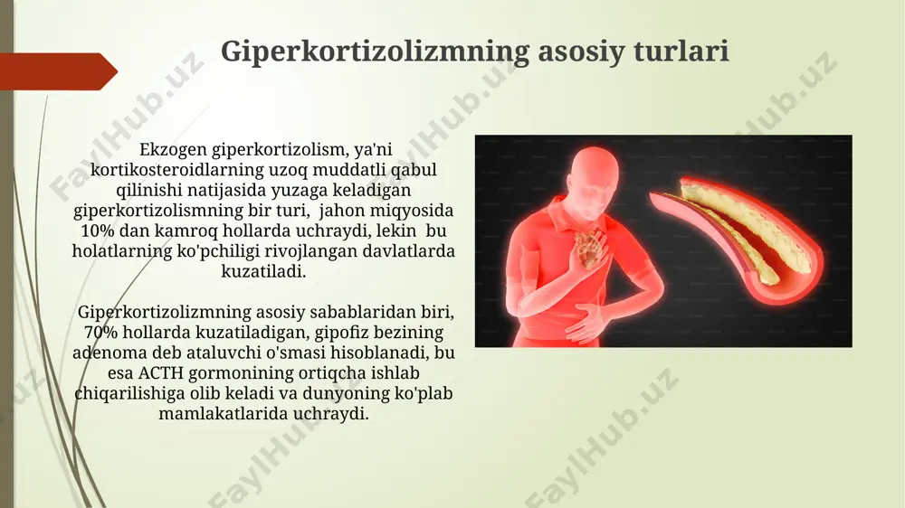 bemorlarda gipotireoz kabi asoratlarning oldini olish uchun, operatsiyadan keyin 2-3 oy davomida gormonlarni almashtirish terapiyasi o'tkaziladi, bu esa toshkentdagi endokrinologiya markazlarida amalga oshiriladi. adrenal ektomiya operatsiyasi, ya'ni buyrak usti bezlarini olib tashlash jarayoni samarqanddagi ixtisoslashgan klinikalarda yuqori texnologiyalar yordamida o'tkazilib, muvaffaqiyat darajasi 95% dan oshadi, ammo bemorlarning 2% da qayta operatsiya zarurati tug'ilishi mumkin. kortikotropinoma kortikotropinoma, gipofiz bezining oldingi qismida joylashgan va acth gormonini ortiqcha ishlab chiqarishga olib keladigan o'sma bo'lib, bu esa cushing kasalligiga olib keladi. taxminan 70% holatlarda bu o'sma benign bo'ladi. kortikotropinomani aniqlash uchun, qon plazmasidagi kortizol va acth darajalarini o'lchash, shuningdek, kompyuter tomografiyasi (kt) yoki magnit-rezonans tomografiyasi (mrt) kabi tasvirlash usullari qo'llaniladi. jahon sog'liqni saqlash tashkilotining ma'lumotlariga ko'ra, yiliga 100.000 kishidan 2 ga yaqin odamda kortikotropinoma aniqlanadi. prognoz va reabilitatsiya qo'shma shtatlarda o'tkazilgan tadqiqotlarga ko'ra, giperkortizolizmning erta bosqichlarida to'g'ri davolanish bilan 90% dan ortiq bemorlar 5 yillik omon qolish ko'rsatkichiga erishadi. samarqand viloyatidagi tadqiqotlar shuni ko'rsatdiki, …