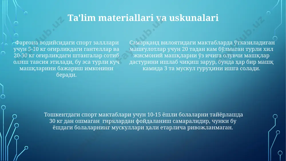 идаги спорт залида бажариладиган машқларнинг интенсивлик даражасини 1,5-2 баравар ошириш мумкин. футболчилар учун навоий шаҳридаги майдонда 5-7 кишилик гуруҳларда 20 марта такрорланадиган 15-20 метрли югуришларни ўз ичига олувчи юқори интенсивликли интервалли машқлар самаралидир. e'tiboringiz uchun rahmat @taqdimot_robot image1.png image2.png image3.png image4.png image5.png