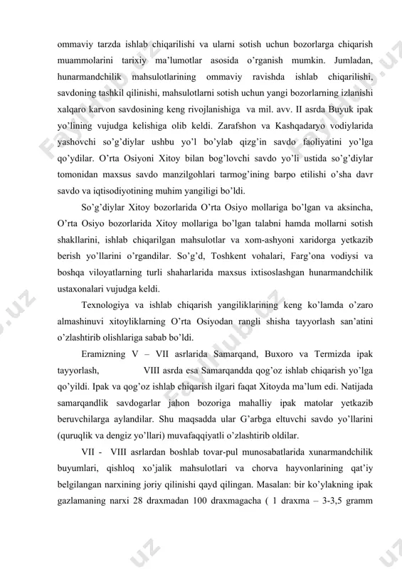 munosabatlarida xunarmandchilik buyumlari, qishloq xo’jalik mahsulotlari va chorva hayvonlarining qat’iy belgilangan narxining joriy qilinishi qayd qilingan. masalan: bir ko’ylakning ipak gazlamaning narxi 28 draxmadan 100 draxmagacha ( 1 draxma – 3-3,5 gramm kumushga teng) bo’lgan, dubulg’a – 2 draxma, ot – 200 draxma, sigir – 11 draxma, qog’oz – 8 draxma turgan va h.k. ix - xii asrlarda shahar va qishloq aholisi sonining keskin o’sishi, ommaviy iste’mol mollariga bo’lgan talabning oshishi, ichki va tashqi savdoning rivoji ishlab chiqarish hajmining kengayishiga olib keldi. mahsulotlar hajmining ortib borishi esa savdoning yangi shakllarini tashkil qilishni talab etardi. shu bois, bu davrda davlatga qarashli va xususiy ustaxonalarda mehnatni tashkil qilishning sexlarga asoslangan shakli, ishlab chiqariladigan mahsulotlar hajmini rejalashtirish, unga bo’lgan talabni va uning raqobatbardoshligini o’rganish singari yangiliklar joriy qilinadi. shu bilan birga, mahsulotlarning narxi va kelishi mumkin bo’lgan foyda (yoki aksincha, u yoki bu iqtisodiy va moliyaviy sharoitdan kelib chiqqan holda kutilishi mumkin bo’lgan …