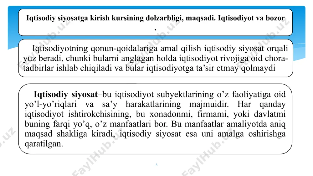 alar ishlab chiqaruvchilar o'rtasida raqobatning yo'qligiga olib keladi va jamiyat farovonligi va iste'molchilarga zarar etkazadi. 2. bozor muvaffaqiyatsizligining yana bir turi - iqtisodiy tovarlarni ishlab chiqaruvchilar (sotuvchilari) va iste'molchilari (xaridorlari) o'rtasidagi axborot assimetriyasi. bu ishlab chiqaruvchilarning xabardorligidagi ustunlik va iste'molchilarning tovarlar va xizmatlarning afzalliklari va kamchiliklari haqida xabardor emasligi bilan tavsiflanadi. bu davlat aralashuvisiz ishlab chiqaruvchilarning opportunistik xatti-harakatlariga va iste'molchilarga katta zarar etkazishi mumkin bo'lgan sog'liqni saqlash va ta'lim sohalarida alohida ahamiyatga ega. 9 3. tashqi va ichki ta’sirlar tashqi ta'sirlar yoki tashqi ta'sirlar - ma'lum bir bozor bitimida ishtirok etmaydigan shaxslarga tegishli xarajatlar (salbiy tashqi ta'sirlar) yoki foyda (ijobiy tashqi ta'sirlar). agar kimdir cheklangan resurslardan ularning to'liq qiymatini qoplamasdan foydalansa, xarajatlar iqtisodiyotning qolgan qismi tomonidan qoplanadi. bunday holda, salbiy tashqi ta'sir mavjud. 4. jamoat tovarlari - bu davlatning moliyaviy mablag'lari hisobidan aholiga bepul taqdim etilayotgan tovarlar va xizmatlar majmuidir. 10 3. iqtisodiyotni boshqarishning bozor mexanizmi, uning faoliyat sohasi. milliy …