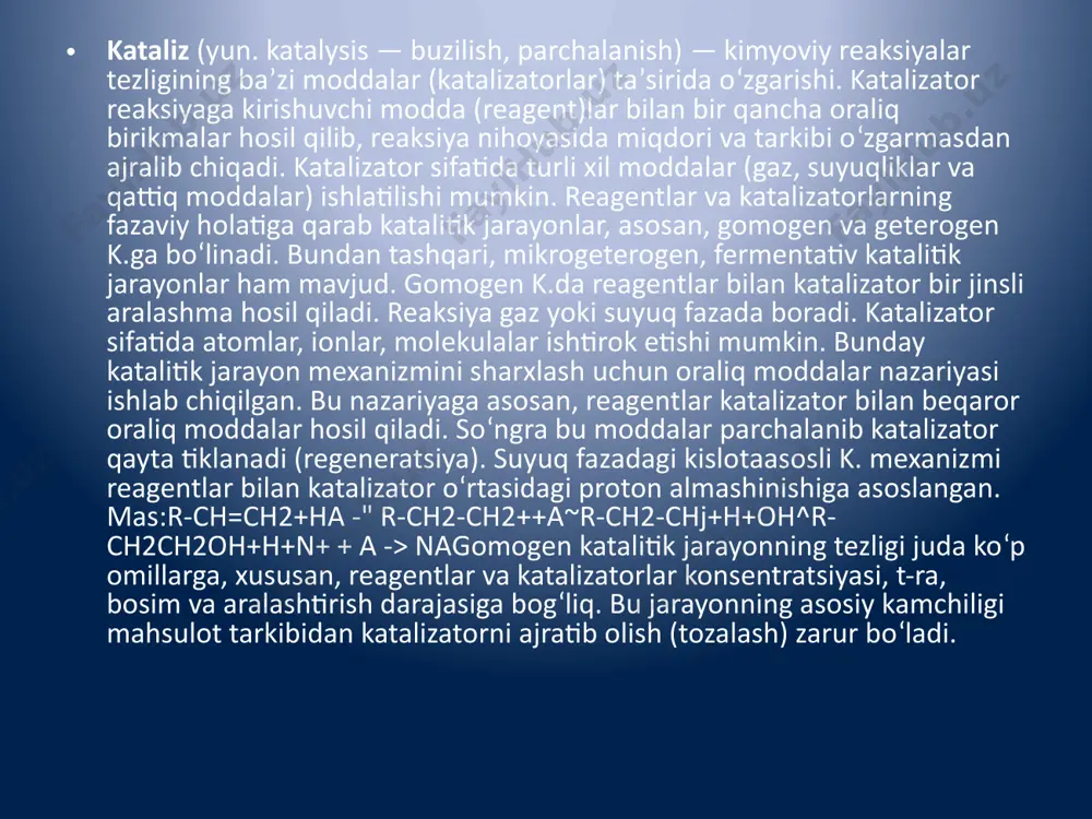 reaksiyalarda proton almashinishi roʻy beradi, yaʼni proton katalizatordan reagentga yoki, aksincha, reagentdan katalizatorga oʻtadi. k. jarayoni keyingi bosqichda polimerlanish, izomerlanish: kreking jarayonlari alyuminiy silikat taʼsirida shu kislotaasos katalizi mexanizmi bilan boradi. oksidlanish-qaytarilish katalizida metall, metall oksidlari, tuzlar katalizator boʻlib xizmat qiladi. bunday k.da elektron almashadi, elektron katalizatorlardan reagentga yoki, aksincha, reagentdan katalizatorga oʻtadi. shunday qilib, ok-sidlanish — qaytarilish jarayoni sodir boʻladi. maʼlum katalizator yoki katalizatorlar guruhi kimyoviy reaksiyaning maʼlum yoʻnalishinigina oʻzgartiradi, tezlatadi, xolos. shunga koʻra, muayyan reaksiya uchun katalizator tanlash amaliy ahamiyatga ega boʻlgan asosiy va muhim vazifadir. hoz. vaqtda k.ning umumlashgan yagona nazariyasi mavjud boʻlmasada, uning baʼzi tomonlarini eʼtiborga olgan ayrim nazariyalar bor. rus kimyogarlari n. i. kobozevning faol ansambl, a. a. balandinning multiplet k.i.ning elektron va zanjir nazariyalari shular jumlasidandir. chapda: qisman karamellashgan qand, oʻngda: qandni kul bilan yondirilmoqda (bu yerda kul - katalizator). kataliz nazariyasi kataliz hodisasining keng tarqalganligi, uning katta amaliy ahamiyatga egaligi va sirtdan qaraganda …