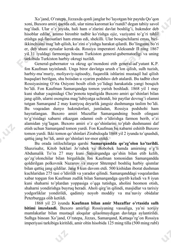lari bilan sayramda qo’shilib, 1864 yil 14 sentyabrda chimkentga yangidan yurish uyushtirdi va shaharni bosib oldi. chernyaev 1864 yil 2 oktyabr kuni toshkentga hujum boshladi. toshkent qo’qon xonligining eng yirik, muhim strategik ahamiyatga molik shahari bo’lib, uzunligi 25 chaqirim, eni 2-3 metr, balandligi 5-7- metr bo’lgan devor bilan o’rab olingan edi. devor tepasining kengligi 2 m. bo’lib, mudofaa minoralari, o’q otadigan shinaklari bo’lgan, devor atrofi suv to’ldirilgan zovur bilan o’rab olingan edi. toshkent mudofaachilarining mardona harakati tufayli chernyaev qattiq mag’lubiyatga uchradi, 72 zobit va askarni yo’qotdi. chimkentga qaytishga majbur bo’ldi. chernyaev 1864-1865 yil qishini tayyorgarlik bilan o’tkazdi, uning qo’shinlari sibir va orenburgdan etib kelgan qurol-yarog’, yangi batalonlar, sapyorlar rotalari bilan to’ldirildi. mahalliy aholi orasida o’z vataniga xiyonat qiluvchi, dushmandan panoh izlovchilar ham topildi. abdurahmonbek, saidazimboy, soatboy kabi sotqinlar toshkentni egallashda chernyaevga ko’maklashdilar. 1865 yil bahoridan chernyaevning yangi hujumi boshlandi. 28 aprel kuni chirchiq daryosi qirg’og’idagi niyozbek qal’asini egallab, toshkentni suv …