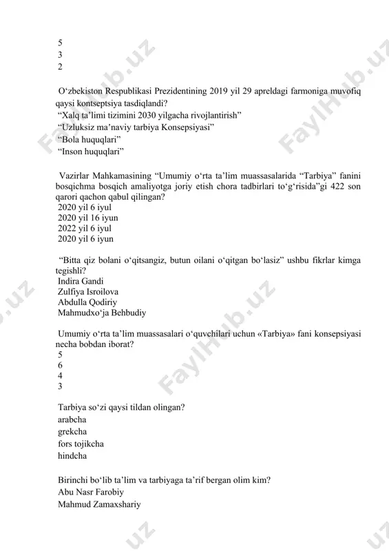 ik bilan mehribonlikni birga olib borishni ta’kidlaydi? kaykovus mahmud zamaxshariy rudakiy rumiy m.murodov o‘zbek xalqining boy o‘yin merosini necha guruhga bo‘lib o‘rganadi? 9 8 10 12 …… – muayyan, aniq maqsad hamda ijtimoiy tarixiy tajriba asosida shaxsni har tomonlama o‘stirish, uning ongi, xulq atvori va dunyoqarashini tarkib toptirish jarayoni. nuqtalar o‘rniga kerakli so‘zni qo‘ying. tarbiya axloq etika ta’lim “renessans” so‘zining ma’nosi nima? uyg‘onish, qayta tiklanish, yuksalish rivojlanish, tanazzul uyg‘onish, tiklanish, barbod bo‘lish qayta tiklanish, ishlab chiqarish kim globallashuvga quyidagicha ta’rif beradi: «aslida globallashuvning asosiy mazmuni boshqa mamlakatlarda ishlab chiqarilgan mahsulotning qo‘shimcha qiymatini, dunyodagi asosiy zahiralarini o‘zlashtirishdan iborat» a. parshev v. ivanov g. robin i. rakutin «ozodlik shunday daraxtki, u ba’zan odam qoni bilan sug‘orib turishlarini talab qiladi», kimning fikri? t. jefferson j. watson u. shekspir m. rodunov qaysi faylasuf psixologlar isbotlab berilgani bo‘yicha, inson ongining fundamentini ongsiz biologik xususiyatlar (shaxsiy va jamoaviy ongsizlik) tashkil etadi? zigmund freyd, karl yung zigmund …