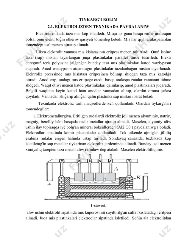 siriladi. buniñ ushin dene elektrolitke katod sipatinda jaylastiriladı. buyumdi qaplaytig'in metal duziniñ suwdag'i eritpesi elektrolit eritpesin waziypasi atqaradi. elektrolitdan tok otkerilgende usi buyimdi qaplawi kerek bolg'an metall buyum sirtina qabat payda etip otirib qaladi. 3. galvanoplastika. elektoliz jardeminde quramalı betlı naǵıs hám buyimlardıń nusqaların alıw múmkın. máselen, taxtaǵa oyip islengen naǵıstıń nusqasın alayıq. bunıń ushın taxtanıń naǵıs salınǵan bólegıne juda juqa etip grafit jaǵıladı, natiyjede onıń bul tarepi tokotkizetuǵın boladı. tayarlanǵan taxta mıs kislatası erıtpesıne túsırıledı. bul taxtanıń betındegı grafit sim arqalı tok deregınıń teris polyusina tutastırıladı, yaǵnıy grafit qatlamı katod waziypasın atqaradı. anod sıpatında elektrolitke mıs plastinka tusırıledı. elektrolitten tok otkizillgende eletroliz natiyjesinde bólinip shiqqan mıs taxta betindegı grafit ustine otiradı. 3-súwret. grafittıń ústı jeterlı dárejedegı mıs qatlamı menen qaplanǵannan keyin elektroliz processi toqtatıladı hám mıs qatlam taxtadan ajiratıp alınadı. mıs qatlamnıń forması taxtanıń betındegı naǵıstıń negatiw (kerısı) súwretlenıwınen ibarat boladı. taxtadaǵı oyıq orınlar mıs negatıwde dones bolip, dońes …