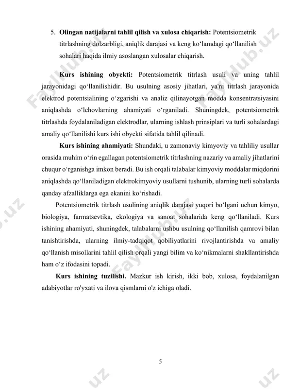 zarur. potentsiometrik titrlashning asosiy tushunchalari potentsiometrik titrlash jarayonida titrlanuvchi modda va titrlovchi reagent o‘rtasidagi reaksiyaga qarab, elektrod potentsiali o‘zgaradi. bu o‘zgarishlar ph yoki boshqa ion konsentratsiyasi bilan bog‘liq bo‘lib, titrlash nuqtasi yaqinida aniq qayd etiladi. potentsial o‘zgarishlar o‘lchanadigan elektrod, odatda, maxsus ionlarga sezgir bo‘lgan indikator elektrod va barqaror potentsialga ega referens elektroddan iborat bo‘ladi. potentsiometrik titrlashning asosiy bosqichlari potentsiometrik titrlash quyidagi asosiy bosqichlardan iborat: elektrod tizimini tayyorlash: bu jarayonda indikator va referens elektrodlar tayyorlanadi. indikator elektrod o‘zgarayotgan ion konsentratsiyasiga sezgir bo‘ladi, referens elektrod esa barqaror potentsial ta’minlaydi. titrash jarayonini boshlash: titrlanuvchi modda eritmasiga titrlovchi reagent asta-sekin qo‘shiladi. har bir qo‘shimchadan so‘ng, eritmadagi potentsial o‘lchanadi. titrash egri chizig‘ini olish: potentsialning titrlovchi reagent miqdoriga nisbatan o‘zgarishi grafigi quriladi. bu grafikdan titrlash nuqtasini aniq aniqlash mumkin. titrash nuqtasini aniqlash: potentsial o‘zgarishining eng keskin o‘zgarishi kuzatilgan nuqta – ekvivalentlik nuqtasi deb ataladi va shu nuqtada eritmadagi titrlanuvchi modda bilan titrlovchi reagent miqdori teng bo‘ladi. …