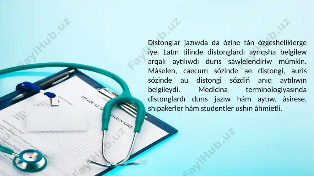 awızsha ámeliyat arqalı aytıw hám jazıwdaǵı qátelerdi azaytıp, terminologiyadaǵı bilimlerin bekkemlewi múmkin. paydalanılǵan ádebiyatlar qosimov, azimjon. medicinalıq terminler túsindirme sózligi. 4 tomlıq. tashkent: "fan" baspası, 2003-2008. shadmanov a.q., abilov o., turaxanova m. tibbiy atamalar izohli luǵati. tashkent: "kamalak-press," 2022. namangan mámleketlik universiteti. latın tili hám medicina terminologiyası. namdu, 2024. baliev, m. latin tili va tibbiyot terminologiyasi. jdpu, 2021. usmonxojaev, a. úlken medicina oqiw sózligi. tashkent: "fan" baspası, 2009. image1.jpeg image2.jpeg image3.jpeg image4.jpeg image5.jpeg medicine doctor hand working with modern computer interface as medical concept /docprops/thumbnail.jpeg
