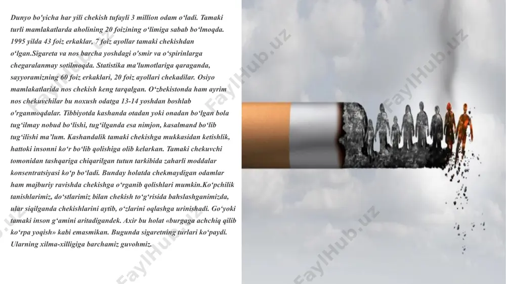 -25 tabletka ichiladi. so'ng kamaytirib borilib, bir sutkada bitta tabletka ichish kifoya qiladi. 20 kundan keyin 10 kunda bitta tabletka ichish etarli. davolashning to'liq muddati 30 kun. ijobiy natijaga erishilmasa, 2-4 haftadan song yana qaytariladi. kashandalikni nina sanchish bilan ham davolash mumkin. bundan tashqari organizmga apomorfin yuborib, shartli refleks hosil qilish usuli ham mavjud. gipnotik ishontirish yo"li bilan chekishga nisbatan jirkanish tuygusini hosil qilish ham mumkin. gipnoz koʻpchilik chekuvchilarda yaxshi samara beradi. gipnoz bilan papiros tutuni, unga qarashga nisbatan jirkanish tuygʻusi hosil qilinib, chekuvchida koʻngil aynish, og'izda achish. qusish holatlari vujudga keltiriladi. gipnoz seansi haftada bir oy mobaynida 3-4 marta qaytariladi. bundan tashqari gipnopsixoterapiya usuli ham qoʻllaniladi. psixoterapiya chekuvchini ongli ravishda chekishni tashlashga ishontirish orqali amalga oshiriladi. «men papiros chekmasam, oʻzimni sog'lom his etaman», «yaxshi nafas olyapman. yuragim soglom, qismayapti» deb chekuvchi bir necha marta qayta-qayta gapirib, o'zini ishontiradi. shuningdek, «papirosni koʻrish menda kongil aynish, bosh aylanishini hosil qiladi» deb …
