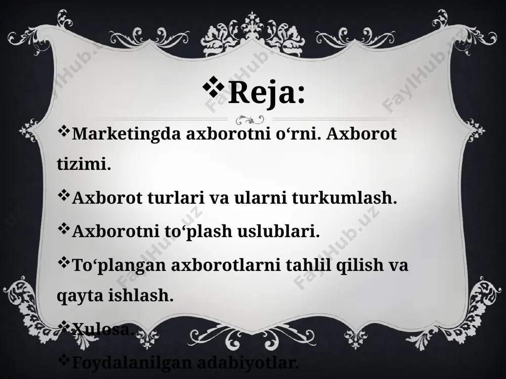 orotlar kiradi. ikkilamchi axborot ichki ichki milliy ommaviy xalqaro ommaviy kelib chiqishi shaxsiy tashqi marketing axborotlarini to‘plash uslublari kabinet tadqiqotlari dala tadqiqotlari kombinatsiyalashgan tadqiqotlar kabinet tadqiqotlari hujjatlarni klassik tahlili maqsadli axborot tahlili dala tadqiqotlari so‘rov eksperiment kontent tahlil kuzatuv to‘plangan axborotlarni tahlil qilish va qayta ishlash marketing tadqiqotlari jarayonida olingan ma’lumotlar qayta ishlanishi, umumlashtirilishi kerak. bunda 3 soha ajratiladi: · tartibga solish; · masshtablashtirish; · umumlashtirish va tahlil qilish. ma’lumotlarni tartibga solish ma’lumotlarni kategoriya bo‘yicha, ularni tahrirlash va natijalarni kodlashtirish, shuningdek ularni toifalashtirishdan iborat. kategoriya bo‘yicha ma’lumotlarni tartibga solish oldindan berilgan shartli sinf yoki zonalar bo‘yicha amalga oshiriladi. masshtablashtirish aniq o‘lchamlari orqali aniqlash asosida ma’lumotlarni klassifikatsiyalashni bildiradi. amaliyotda nominal shkala, tartibli shkala va son shkalalari qo‘llaniladi. umumlashtirish va tahlil qilish barcha axborotlarni umumiylashtirib ularni tahlil qilib borish. xulosa bozor munosabatlarining ravnaqi, erkin raqobat muhitning yaratilishi sharoitida marketing tadqiqotlariga bo‘lgan talabning ortib borishi tabiiy jarayondir. xaridor ishtiyoqi, dididagi tovarlarni va xizmatlarni …