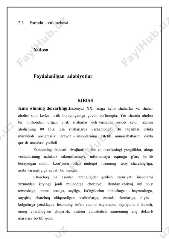 shoular, uni raqsga tushishga chorlaydigan tadbirlar, serzavq estrada musobaqalari, ruxiyatga kuchli ta’sir etib, erkin xolda olib keladigan ommabob o`yinlar ma’qul bo`ladi. bu ehtiyojlarni qondiradigan tomoshalarni tashkil qilish esa navbatdagi masaladir. turmush tashvishlaridan xoli, korni to`q, usti but - zerikkanlar uchun ko`ngilochar tadbir kerak. mehnat qilib charchaganlarning esa xordiq chiqarish, dam olish zarurati bor. bizningcha, insonlarni har ikkala ehtiyojini e’tiborga olgan tomosha - estrada, deb nom oldi. u tomosha turlarining barchasidan eng yaxshi namunalarni saxnaga olib chiqdi va uni yangi san’at turi darajasiga ko`tardi va o`zini « estrada san’ati » deb atay boshladi. zerikish hamda charchoqning egasi bor, lekin millati yo`q. tomoshaning esa millati bor. chunki, barcha millatning azaldan o`ziga xosligi uning bayramlarida, urf - odatlarida, an’analarida, to`y – tomoshalarida, o`yinlarida saklanib qolmoqda. demak, zamonaviy tomoshalarning tashkilotchilari zerikkan va charchaganlarning ehtiyojlarini hisobga olib, mahsus jixozlangan maydonchalarda o`tadigan tadbirlarning ommabob va hammabobligiga - tadbir o`tadigan joyning go`zal, ramziy, badiiy, estetik zavq beradigan …