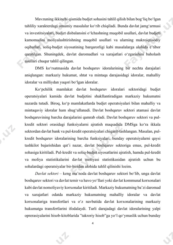 at sektori – keng ma’noda davlat boshqaruv sektori bo‘lib, unga davlat boshqaruv sektori va davlat temir va havo yo‘llari yoki davlat kommunal korхonalari kabi davlat nomoliyaviy korхonalar kiritiladi. markaziy hukumatning ba’zi daromad va xarajatlari odatda markaziy hukumatning mahalliy idoralar va davlat korхonalariga transfertlari va o‘z navbatida davlat korхonalarining markaziy hukumatga transfertlarini ifodalaydi. turli darajadagi davlat idoralarining yalpi oprerasiyalarini hisob-kitoblarida ”takroriy hisob”ga yo‘l qo‘ymaslik uchun bunday transfertlar sof holda ko‘rsatilishi kerak. bu vazifa, ya’ni turli darajadagi davlat idoralarining hisoblarini saldolash va birlashtirish jarayoni konsolidatsiya (yig‘ish) deb yuritiladi. davlat boshqaruvi idoralarining har bir darajasida budjet, budjetdan tashqari va ijtimoiy sug‘urta mablag‘lari bilan operatsiyalar bajariladi. budjet operatsiyalari ta’rifiga ko‘ra budjet orqali amalga oshiriladi. budjetdan tashqari operatsiyalar budjetdan tashqarida amalga oshirilib, majburiy yig‘imlar hisobiga mablag‘lar to‘plashga va nobozor tovar va хizmatlarni taqdim qilishga mo‘ljallangan bo‘ladi. masalan, budjetdan tashqari yo‘l fondi uchun ko‘pincha yoqilg‘i hisobidan soliqlar yig‘iladi va keyin ular yo‘l хo‘jaligini saqlashga sarflanadi. ijtimoiy …