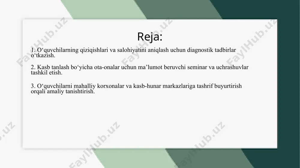 ilashda oilaviy muhitning ahamiyatini kuchaytirish maqsadida amalga oshiriladi. ota-onalar ko‘pincha farzandining kasb tanlashiga bevosita yoki bilvosita ta’sir ko‘rsatadi. shu sababli, ularga zamonaviy kasblar, mehnat bozori talablari, texnologik o‘zgarishlar, ta’lim yo‘nalishlari va o‘quvchilarning psixologik xususiyatlari haqida aniq va ishonchli ma’lumot berish lozim. seminarlarda mutaxassislar — kasb tanlash bo‘yicha psixologlar, oliy ta’lim muassasalari vakillari, muvaffaqiyatli kasb egalarining ishtirok etishi foydalidir. uchrashuvlarda ota-onalarga farzandlarining qiziqishlari va salohiyatini inobatga olgan holda qanday yordam berishlari mumkinligi tushuntiriladi. shuningdek, noto‘g‘ri yo‘naltirishning salbiy oqibatlari haqida ogohlantirishlar ham beriladi. seminarlarda ota-onalar bilan ochiq muloqot o‘rnatilib, savol-javoblar, tajriba almashish, misollar orqali kasb tanlash jarayoniga ongli yondashuv targ‘ib qilinadi. bunday uchrashuvlar oilada farzandning tanlovi hurmat qilinishi, unga qo‘llab-quvvatlov berilishi va ijobiy ruhiyatda qaror qabul qilinishi uchun muhim platforma vazifasini o‘taydi. kasb tanlash bo‘yicha ota-onalar uchun ma’lumot beruvchi seminar va uchrashuvlar tashkil etish ta’lim muassasasining muhim vazifalaridan biri hisoblanadi. chunki ota-onalar farzandlarining hayot yo‘lini belgilashda katta rol o‘ynaydi, ammo ko‘pchilik ota-onalar …