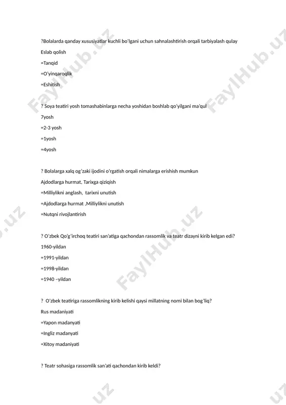 ikatsiya va mozaika, loy va plastilin, turli tabiiy materiallar bilan ishlash kabilar qanday ish turi hisoblanadi qo’l mehnati ish turi =mashinada bajariladigan ish turi =elektron tarzda bajariladigan ish turi =murakkab va uzoq vaqt davom etadigan jarayon ? metod tushunchasi nimani ifodalaydi yunoncha- metodos" — bilish yoki tadqiqot yoʻli, nazariya, taʼlimot — voqelikni amaliy va nazariy egallash, oʻzlashtirish, oʻrganish, bilish uchun yoʻlyoʻriqlar, usullar majmuasi, falsafiy bilimlarni yaratish va asoslash usuli. =lotincha- metodos" — bilish yoki tadqiqot yoʻli, nazariya, taʼlimot — voqelikni amaliy va nazariy egallash, oʻzlashtirish, oʻrganish, usullar majmuasi, falsafiy bilimlarni yaratish usuli. =inglizcha- metods" — nazariya, oʻzlashtirish, oʻrganish, bilish uchun yoʻlyoʻriqlar, usullar majmuasi, falsafiy bilimlarni yaratish va asoslash usuli. =grekcha metod" — bilish yoki tadqiqot yoʻli, nazariya, taʼlimot — voqelikni amaliy oʻrganish, bilish uchun yoʻlyoʻriqlar, usullar majmuasi. ?qog’ozdan maketlar yasaganda nimalarga e’tibor berish kerak qog‘ozning sifatiga, buklash chiziqlariga, qog‘ozning shakliga, to‘g‘ri buklashga. =qog‘ozning sifatiga,buklash chiziqlariga. =qog‘ozning shakliga buklash yo‘nalishiga, to‘g‘ri …