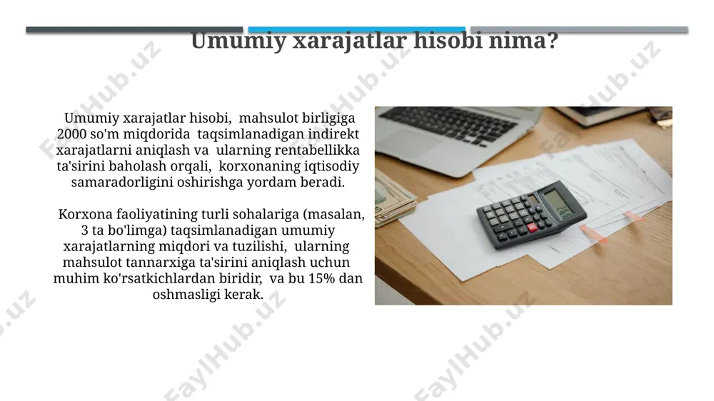 sh mumkin. hisobot va tahlil hisobot va tahlil jarayonida 15% dan ortiq xatolik aniqlansa, byudjet va rejalashtirish tizimini qayta ko'rib chiqish zarur, chunki bu ish samaradorligini pasaytiradi. 2023 yil hisobotlariga ko'ra, korxonaning umumiy xarajatlarining 30% ga yaqini administrativ xarajatlarga, 40% esa ishlab chiqarish xarajatlariga to'g'ri kelgan. umumiy xarajatlarni taqsimlash umumiy xarajatlarni mahsulot birligiga taqsimlashda 20% toʻgʻridan-toʻgʻri mehnat xarajatlari usuli yoki 30% mashina-soatlar usuli qoʻllanilishi mumkin, bu esa aniqroq hisob-kitoblarni ta'minlaydi. ishlab chiqarish hajmining o'zgarishi umumiy xarajatlarning birlik narxiga ta'sirini ko'rsatish uchun kamida 3 ta turli ishlab chiqarish hajmini (masalan, 1000, 2000 va 3000 dona) tahlil qilish kerak. mehnat xarajatlariga asoslangan usullar agar 50 nafar ishchi bo'lgan korxonada har bir ishchining o'rtacha oylik ish haqi 3 million so'm bo'lsa, mehnat xarajatlariga asoslangan overhead hisoboti yanada aniqroq bo'ladi va 150 million so'mni tashkil etadi. mehnat xarajatlariga asoslangan usullar ishlab chiqarish hajmini 10% ga oshirish natijasida soatlik mehnat narxining 5% ga kamayishiga olib …