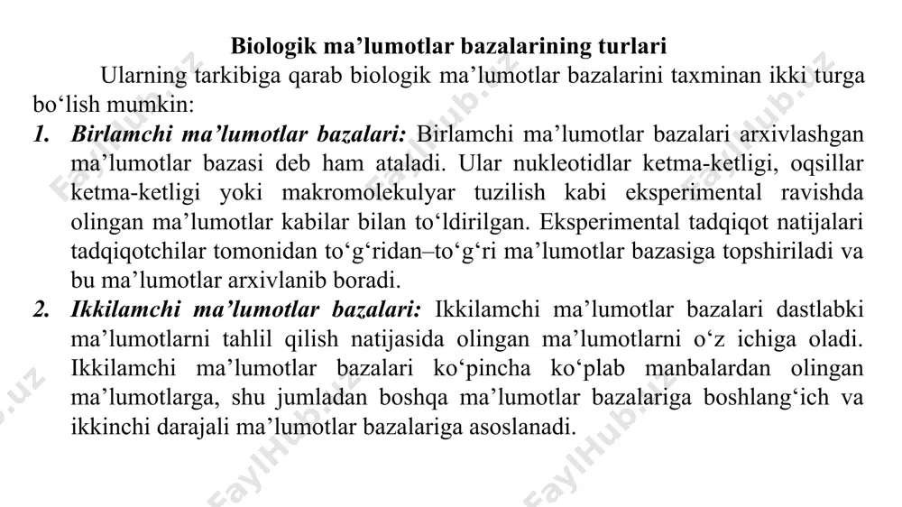 sil izohlarini o'z ichiga olgan oqsil ma'lumotlar bazasi. uniprot turli manbalardan olingan ma'lumotlarni birlashtiradi va oqsillarni aniqlash va tahlil qilish uchun yagona interfeysni taqdim etadi. kegg (kyoto genlar va genomlar entsiklopediyasi): bu genomlar, biologik yo'llar, metabolik tarmoqlar va biologik tizimlarning boshqa jihatlari haqida ma'lumotlar bazasi. kegg gen va oqsil izohlarini, shuningdek, biologik yo'llar va metabolik reaktsiyalar haqidagi ma'lumotlarni o'z ichiga oladi. reaktom: bu biologik yo'llar va molekulyar o'zaro ta'sirlarning ma'lumotlar bazasi. reactome biologik yo'llar, jumladan metabolik, signalli va biokimyoviy yo'llar, shuningdek molekulalar orasidagi o'zaro ta'sirlar haqida ma'lumotni o'z ichiga oladi. string (o'zaro ta'sir qiluvchi genlar/oqsillarni qidirish vositasi): bu genlar va oqsillar o'rtasidagi molekulyar o'zaro ta'sirlarning ma'lumotlar bazasi. string eksperimental ma'lumotlar va bashoratlar asosida oqsillar orasidagi jismoniy va funktsional o'zaro ta'sirlar haqidagi ma'lumotlarni jamlaydi. omim (insonda onlayn mendel merosi): bu irsiy kasalliklar va ular bilan bog'liq genlarning ma'lumotlar bazasi. omim irsiy kasalliklar bilan bog'liq genlarni izohlaydi va bu kasalliklarning fenotiplari, mutatsiyalari …