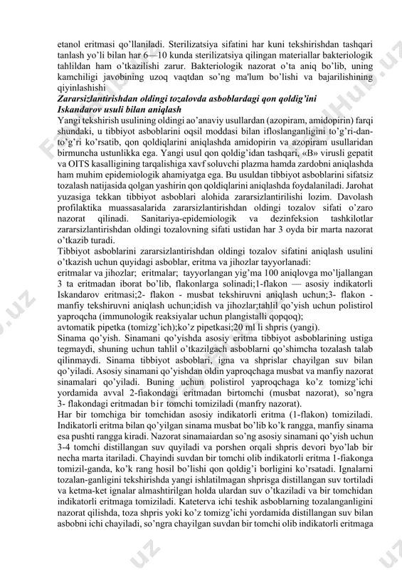 izatsiyada oqsillar koagulatsiyasi 45°c dan 60°c gacha bo’lgan harorat atrofida bajariladi. amaliyotda hajmi 2-3 litrli portativ gaz sterilizatorlari keng foydalaniladi. programmali boshqaruv sterilizatorida 750~1000 mg/l etilen oksididan 55°c da foydalaniladi. bu holda etilen oksidi uchib ketmaydi. gazli sterilizator uchun katta xona kerak emas, faqat xona ventilatsiyasi yaxshi yo’lga qo’yilgan bo’lishi kerak. bu usul bilan avtoklavda yoki havo sterilizatorida kateterlar, xirurgik qo’lqoplar, tomir protezlari, endoskoplar, respirator va sun'iy qon aylanish apparatlari sterilizatsiya qilinadi. sterilizatsiya sifatini tekshirish sterilizatsiya qilinishi kerak bo’lgan buyumlar maxsus o’ralgan bo’lib, steril-lash indikatori ko’rinishi o’zgargan bo’lsagina sterillangan hisoblanadi. havo va bug’ sterilizatorlari maksimal termometrlar va kimyoviy test-indikatorlar yordamida nazo-rat qilinadi. sterilizatorlarning ish ko’rsatkichlari sifati kimyoviy test indikatorlar (rangli, agregat holati) bilan lekshiriladi. rangli termoindikator, tik-6 gidroxinon havo sterilizatotiari ishining ko’rsatkichi bo’lib hisoblanadi. qog’ozga tushirilgan och zangori rangli ttk-6 markali termoindikator 175—180°c da to’q qo’ng’ir rangga kiradi. 0,3 g miqdordagi gidroxinon shisha flakonlarga solinadi. 170-175°c haroratda sarg’ish qo’ng’ir rangdagi …