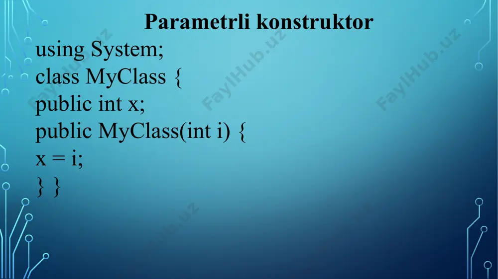 { static void main(string[] args) { console.writeline(numbers.pi); } } public static class numbers { private static double _pi = 3.14; public static double pi { get { return _pi; } } } } sinfning maydoni statik holatda yaratilganda, u sinfning barcha nusxalari bo’yicha taqsimlanadi. ular uchun xotiradan maxsus joy ajratiladi, obyekt yo’qotilganda, har bir a’zo yo’qotilmaydi. maydon nostatik bo’lgan vaqtda esa uning nusxasidan qat’iy nazar, har bir obyekt uchun bo’ladi va ularning yo’qotilishi obyektlarning yo’qotilishi bilan birgalikda bo’ladi, ya’ni xotira ular uchun bo’shatiladi. statik maydonlar saqlanadi, nostatiklari esa – saqlanmaydi e`tiboringiz uchun raxmat! image2.png image3.png image4.tmp /docprops/thumbnail.jpeg
