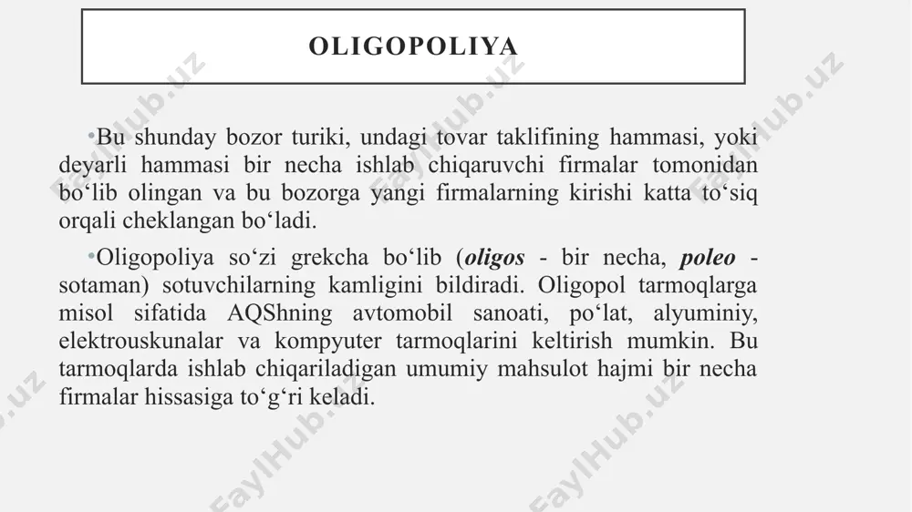 chiqarish hajmini ikkinchi firmaning ishlab chiqarish hajmiga ko‘ra optimallashtirish grafigi kurno muvozanati kurno muvozanati birinchi firmaning ishlab chiqarish chizig‘i bilan ikkinchi firmaning ishlab chiqarish chizig‘i kesishgan e nuqtaga mos keluvchi birinchi va ikkinchi firmalar tomonidan ishlab chiqariladigan mahsulot hajmlari muvozanati qattiq narx siyosati oligopolistik firmalar ko‘proq narxlarni barqaror bo‘lishini, yoki narx qattiq o‘rnatilgan bo‘lsa, uni o‘zgartirmaslikka harakat qiladilar. bozor talabi va xarajatlar pasayganda ham firmalar narxni o‘zgartirishga (kamaytirishga) shoshilmaydilar, nima uchun deganda narxni birorta firma tomonidan pasaytirilishi “narxlar jangiga” olib kelishi mumkin, ya’ni boshqa firmalar ham bozordagi ulushini yo‘qotmaslik uchun narxlarni pasaytirishga harakat qiladi. bozor talabi va xarajatlar oshganda ham firmalar narxni oshirishdan cho‘chiydilar, bordi-yu ular narxni oshirsa boshqa firmalar o‘z narxlarini oshirmasligi mumkin. oligopolistik bozordagi siniq talab chizig‘i shtаkеlbеrg mоdеli ishlаb chiqаrish hаjmini birinchi bo‘lib bеlgilаsh birinchi firmagа ustunlik bеrаdi. buning sаbаbi shundаki, ishlаb chiqаrish hаjmini birinchi bo‘lib bеlgilаgаndа, ikkinchi firma shu bеlgilаgаn hаjmdаn kеlib chiqib, mаhsulоt hаjmini bеlgilаydi. …
