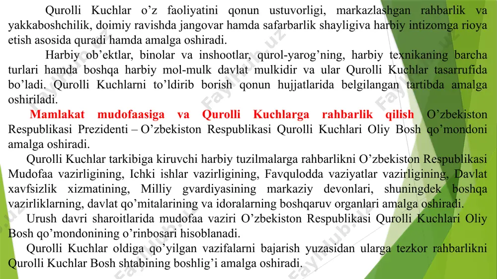 n respublikasi qurolli kuchlari oliy bosh qo’mondoni: o’zbekiston respublikasi mudofaa siyosatining va harbiy qurilishining asosiy yo’nalishlarini belgilaydi; davlat va harbiy boshqaruv organlarining mudofaa sohasidagi faoliyatiga rahbarlik qiladi; o’zbekiston respublikasining mudofaa qobiliyatini ta’minlash, uning suverenitetini, xavfsizligini va hududiy yaxlitligini muhofaza qilish yuzasidan zarur choralar ko’radi; qurolli kuchlarning barpo etilishi, qo’llanilishi va rivojlantirilishi rejalarini, shuningdek mudofaani tashkil etishga doir boshqa davlat rejalari va dasturlarini tasdiqlaydi; o’zbekiston respublikasi qurolli kuchlarining hamda boshqa harbiy tuzilmalarining tinchlik va urush davriga mo’ljallangan tuzilishini, tarkibini va joylashuvini tasdiqlaydi; harbiy harakatlarni olib borish to’g’risida, shu jumladan qurolli kuchlarni o’zlariga bevosita taalluqli bo’lmagan vazifalarni bajarishga jalb etish haqida qaror qabul qiladi va qurolli kuchlarga buyruqlar beradi; o’zbekiston respublikasining konstitutsiyasida belgilangan tartibda o’zbekiston respublikasiga hujum qilinganda yoki tajovuzdan bir-birini mudofaa qilish yuzasidan tuzilgan shartnoma majburiyatlarini bajarish zaruriyati tug’ilganda urush holatini, umumiy yoki qisman safarbarlikni e’lon qiladi hamda o’zbekiston respublikasining butun hududida yoki uning ayrim joylarida favqulodda holat joriy etadi; qurolli …