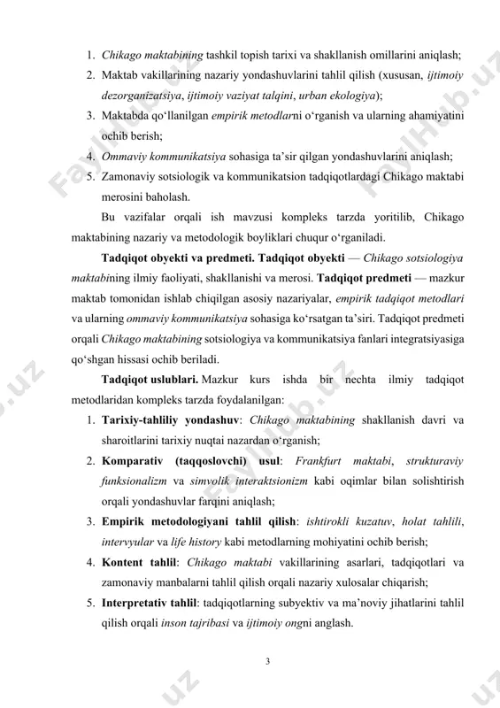 tadqiqotlari va zamonaviy manbalarni tahlil qilish orqali nazariy xulosalar chiqarish; 5. interpretativ tahlil: tadqiqotlarning subyektiv va ma’noviy jihatlarini tahlil qilish orqali inson tajribasi va ijtimoiy ongni anglash. ushbu metodlar orqali ish ilmiylik, asoslanganlik va zamonaviylik talablari asosida yozilgan. ishning tuzilishi kurs ishi kirish, asosiy qism, xulosa va foydalanilgan adabiyotlardan iborat. kirish qismida mavzuning dolzarbligi, maqsadi, vazifalari, obyekti va predmeti, tadqiqot usullari va ish tuzilmasi ko‘rsatilgan. asosiy qism quyidagi boblardan iborat: 1. chikago sotsiologiya maktabining paydo bo‘lishi va rivojlanish bosqichlari: bu bobda maktabning tarixiy asoslari, ijtimoiy sharoitlar va asoschilar faoliyati yoritiladi. 2. nazariy asoslar: ijtimoiy dezorganizatsiya, ijtimoiy vaziyat talqini, urban ekologiya, symbolic interactionism kabi nazariyalar tahlil qilinadi. 3. tadqiqot metodologiyasi: ishtirokli kuzatuv, hayotiy tarix, holatli tahlil kabi metodlarning ilmiy qiymati o‘rganiladi. 4. ommaviy kommunikatsiyaga ta’siri: chikago maktabining kommunikatsiya sohasiga qo‘shgan nazariy va amaliy hissasi tahlil qilinadi. 5. tanqid va meros: maktabning keyingi taqdiri, tanqidlar va hozirgi zamondagi ahamiyati muhokama qilinadi. xulosa …