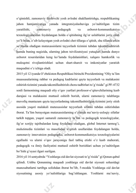 lish sifatida e’tirof etilgan. 2016 yil o’zbekiston respublikasining saylangan prezidenti shavkat mirziyoevning o’zbekiston respublikasi konstitutsiyasi qabul qilingani¬ning 24 yilligiga bag’ishlangan tantanali marosimdagi ma’ruzasi. “xalq bilan muloqot va inson manfaatlari yili” dasturidan yoshlarimizni sog’lom va barkamol etib tarbiyalash masalasi alohida o’rin egallashi, bu borada farzandlarimiz uchun zarur sharoitlar yaratish, yangi-yangi ta’lim-tarbiya, madaniyat, san’at va sport maskanlarini barpo etish, yosh oilalar uchun uy-joylar qurish, yoshlarni ish bilan ta’minlash, ularni tadbirkorlik sohasiga keng jalb etish bo’yicha boshlagan ishlarimizni yangi, yuksak bosqichga ko’tarib, faoliyatini bugungi zamon talablari asosida takomillashtirilishi ta’kidlandi. 2017 yil 12 yanvarda “kitob mahsulotlarini chop etish va tarqatish tizimini rivojlantirish, kitob mutolaasi va kitobxonlik madaniyatini oshirish hamda targ’ibot qilish bo’yicha komissiya tuzish to’g’risi”da o’zbekiston respublikasi prezidenti sh.m.mirziyoevning farmoyishi. farmoish mustaqillik yillarida mamlakatimizda ta’lim muassasalari uchun o’quv adabiyotlari yaratish va o’quvchilarga yetkazishning mustahkam tizimi yaratilganligi, bunda o’zbekistonda ta’lim berilayotgan yettita tilda darslik va o’quv qo’llanmalari nashr etilayotganligi, axborot-resurs va axborot-kutubxona markazlarining moddiy-texnika bazasi …