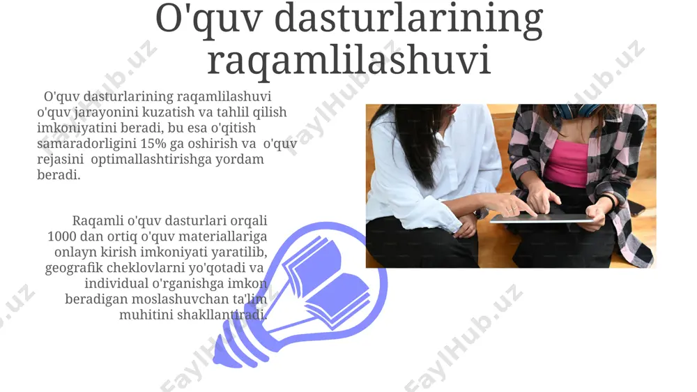 platformalar orqali o'quvchilar bilan individual ishlash imkoniyati, masalan, 5-10 talik kichik guruhlarda online muloqotlarni tashkil qilish orqali ularning taraqqiyotini kuzatish va individual yondashuvni ta'minlashga yordam beradi. o'quvchilarning raqamli savodxonligini oshirish raqamli resurslardan, masalan, 5 ta turli interfaol o'yinlardan foydalanish o'quvchilarning axborotni qayta ishlash ko'nikmalarini 20% ga oshirishi mumkin. onlayn platformalarda kamida 3 ta mustaqil loyihani bajarish o'quvchilarning muammo hal qilish va hamkorlikdagi ishlarni bajarish ko'nikmalarini rivojlantiradi. axborot xavfsizligi va mas'uliyati ta'lim muassasalarida axborot xavfsizligi siyosatini ishlab chiqish va amalga oshirishda, kamida 5 yilda bir marta yangilanib turuvchi, aniq qoidalar va javobgarlik mexanizmlari belgilangan bo'lishi shart. axborot xavfsizligini ta'minlash uchun kamida 2 faktorli autentifikatsiya va kuchli parollardan (8 ta belgidan ortiq, katta-kichik harflar, raqamlar va maxsus belgilar kombinatsiyasi) foydalanish zarur. virtual va qo'shimcha haqiqat texnologiyalari 01 02 virtual va qo'shimcha reallik (vr/ar) texnologiyalari yordamida 360° videolar orqali talabalarga turli madaniyatlar va muhitlarni o'rganish imkoniyati yaratib, ularning dunyoqarashini kengaytirish mumkin. sales 1st …