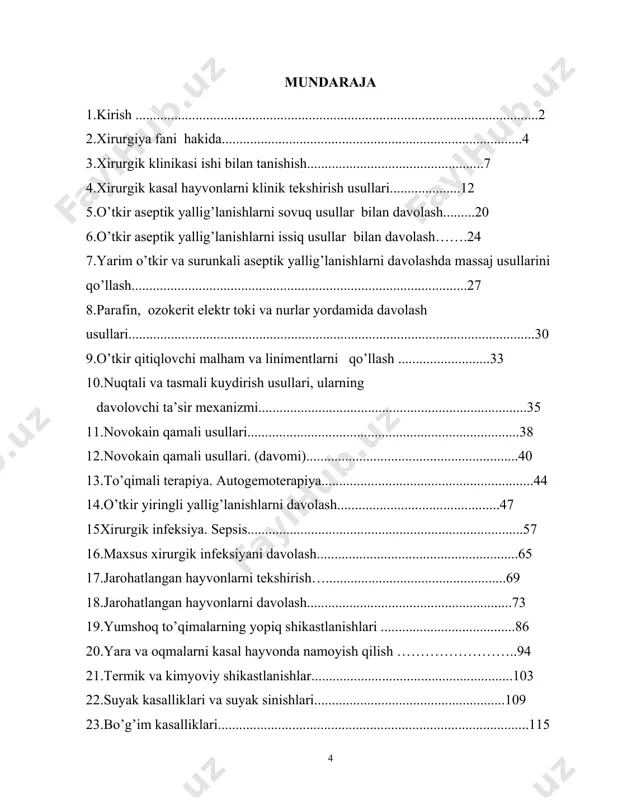 .......................183 37. ko’zning anatomo-topografik tuzilishi.....................................................187 38. ko’zni tekshirish usullari............................................................................195 учебное пособие по предмету «общая и частная хирургия» содержание 1.введение................................................................................................................2 2.о предмете……………........................................................................................4 3.знакомство с работой хирургической клиники................................................7 4.методы клинического исследования хирургически больного животного……………………………………………………………...................12 5. применение охлаждающей процедуры при лечении острого асептического воспаления.............................................................................................................20 6. применение тепловой процедуры при лечении острого асептического воспаления.........................................................................................................….24 7.применение массажа при лечении подострых и хронических асептических воспалений ............................................................................................................27 8.лечение парафином, озокеритом, электрическим током и световыми лучами ……….......................................................................................................30 9.применение острораздражающих мазей и линиментов ...............................33 10.применение точечного и полосчатого термокаутеризации и их лечебные действия……………………………………………..............................................35 11.новокаиновая терапия………….....................................................................38 12. новокаиновая терапия. ……………..............................................................40 13.тканевая терапия. аутогемотерапия....................................................