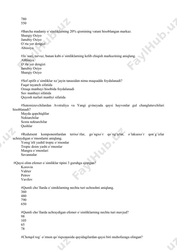 a. tensli 1935yil, a. tensli 1940yil, g.f. gauze 1940yil, sukachev #produtsentlar – bu autotroflar geterotroflar yashil o’simlik hosil qiluvchilar autotroflar va yashil o’simlik hosil qiluvchilar #redutsentlar – bu geterotroflar autotroflar parchalovchilar geterotroflar va parchalovchilar #konsumentlar – bu geterotroflar, o’txo’r hayvonlartomonidan iste’mol qilinadi autotroflar, quruqlikdagi va suvdagi yashil o’simliklar hisoblanadi geterotroflar, mikroorganizmlardan tashkil topib, organik moddalarni oddiy organik moddalarga parchalaydi geterotroflar, o’txo’r hayvonlartomonidan iste’mol qilinadi va geterotroflar, mikroorganizmlardan tashkil topib, organik moddalarni oddiy organik moddalarga parchalaydi #entomofog – bu o’simlikxo’rlar hashorotxo’rlar go’shtxo’r go’shtxo’r va hashorotxo’rlar #beda ekilgan 1 gektar maydonda bir yilda qancha azot to’planadi? 140400 kg 150250 kg 150400 kg 150200 kg #tuproqda yashaydigan azot fiksatsiyalovchi bakteriyalar bir yilda qancha azot to’playdi? 2.5 kg 25 kg 26 kg 24 kg #noosfera tushunchasini fanga birinchi kim kiritgan? e. lerua v.i. vernadskiy lamark k. lenny #agar odan 3000 metr balanlikka ko’tarilsa burun qonashi, tomirlar yorilishi mumkin nafas qisiladi, bosh aylanadi burun qonashi, …